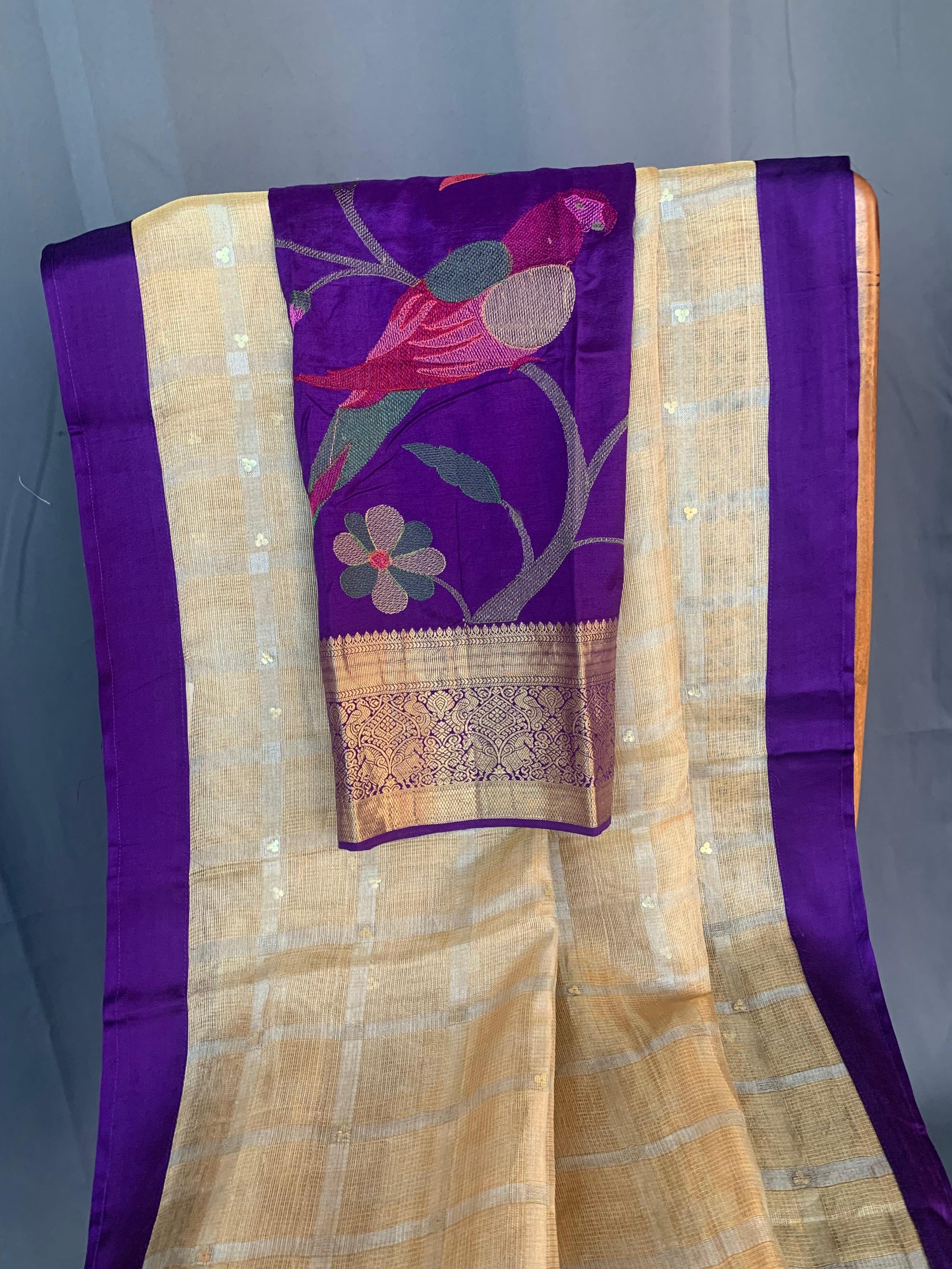 Designer Gold tissue saree with kanchi  blouse with pythani style embroidery
