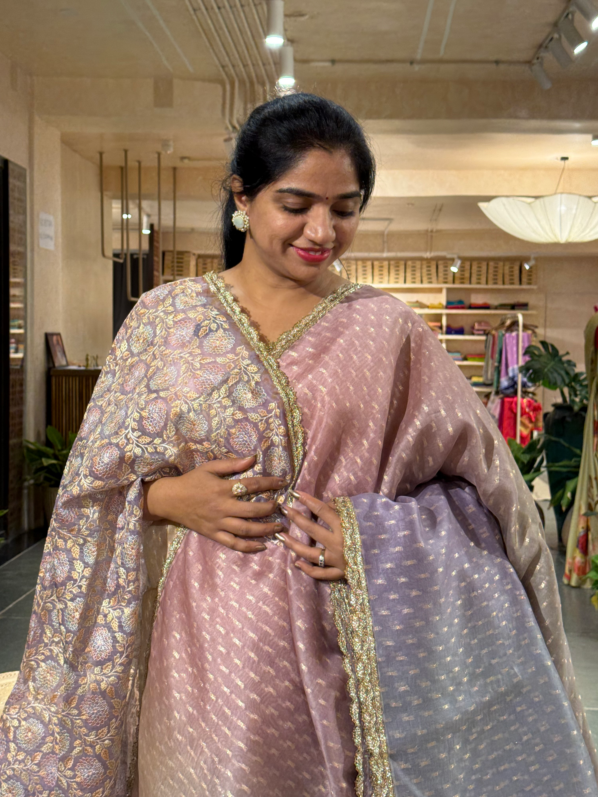 Ombre Dyed Pure Organza Saree with allover zari butis and  Embroidered Blouse