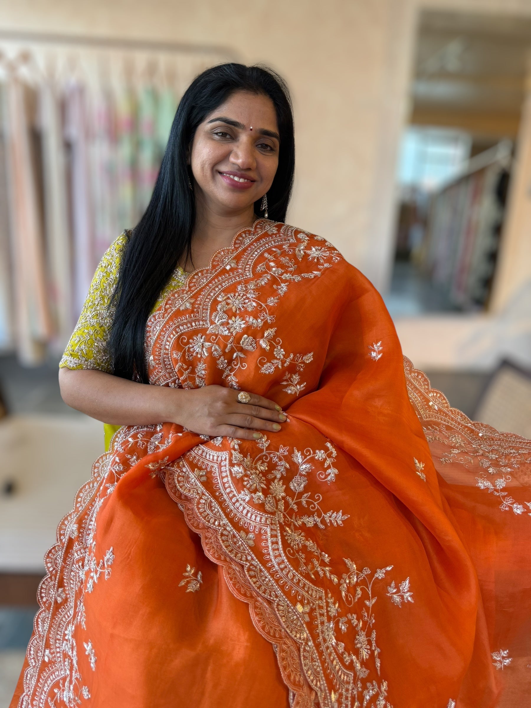 Orange Organza Handwork Saree