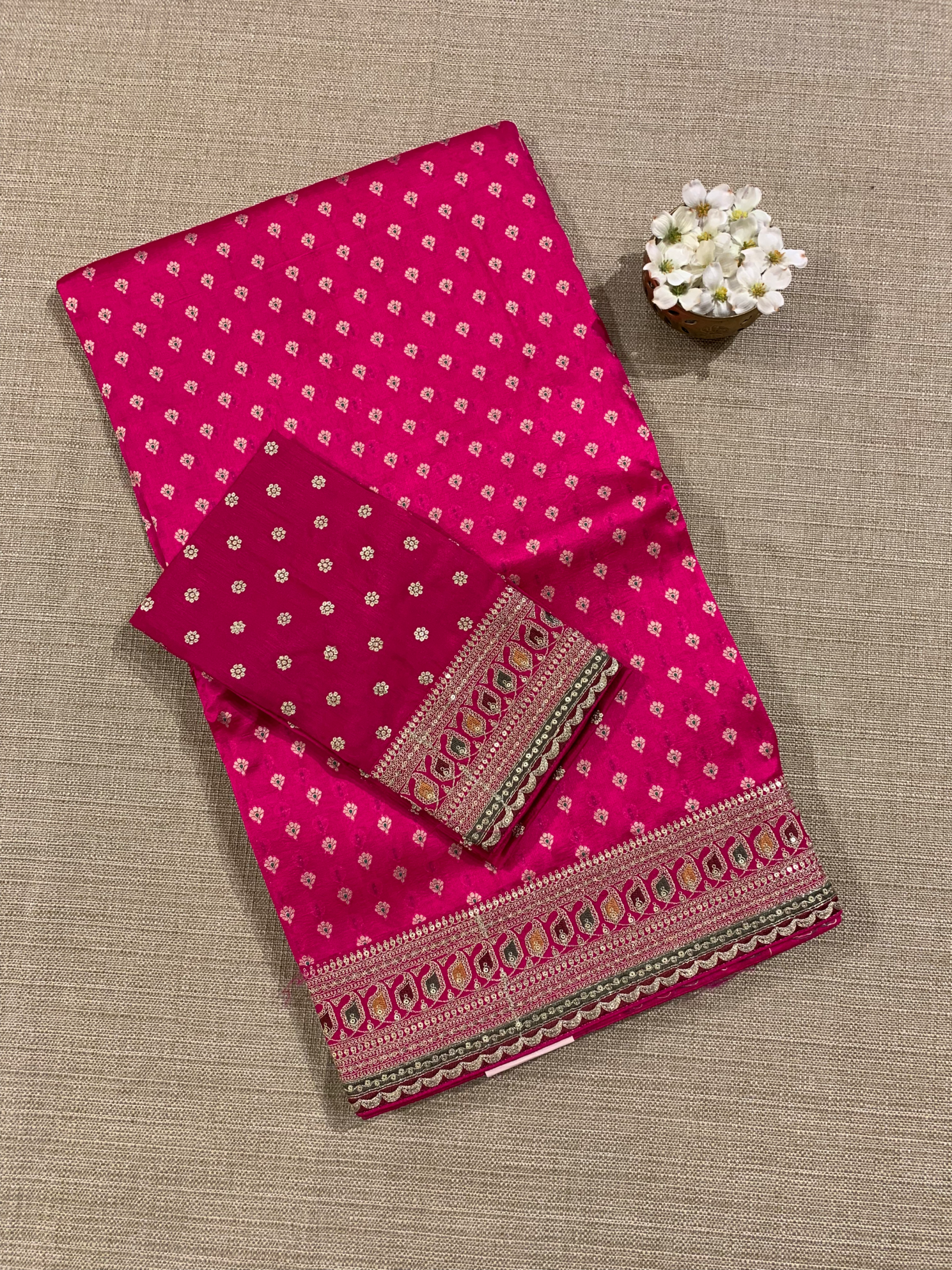 Fushcia Pink Pure Handloom Banarasi Silk Saree With Sabhyasachi Borders & Blouse