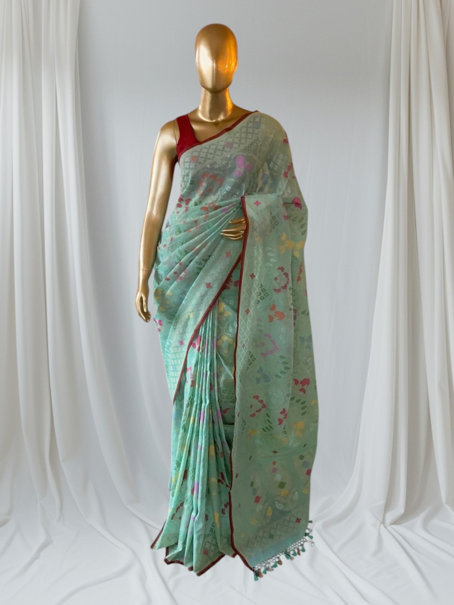 Mint Banarasi Handloom Cotton Cut Jamdani Saree With Allover Meenakari