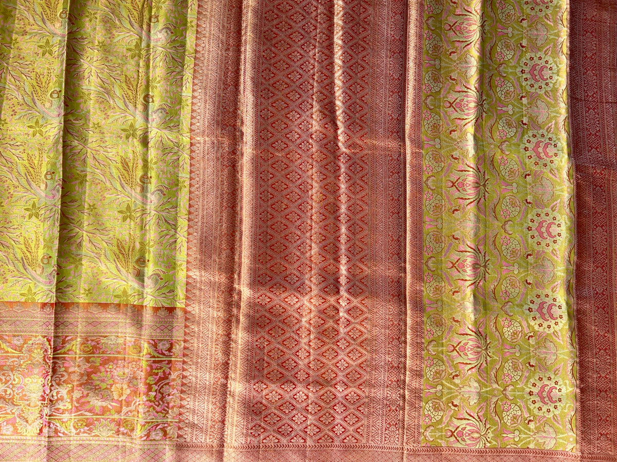 Lime Green & Red Combo Pure Kanjeevaram Meenakari Saree