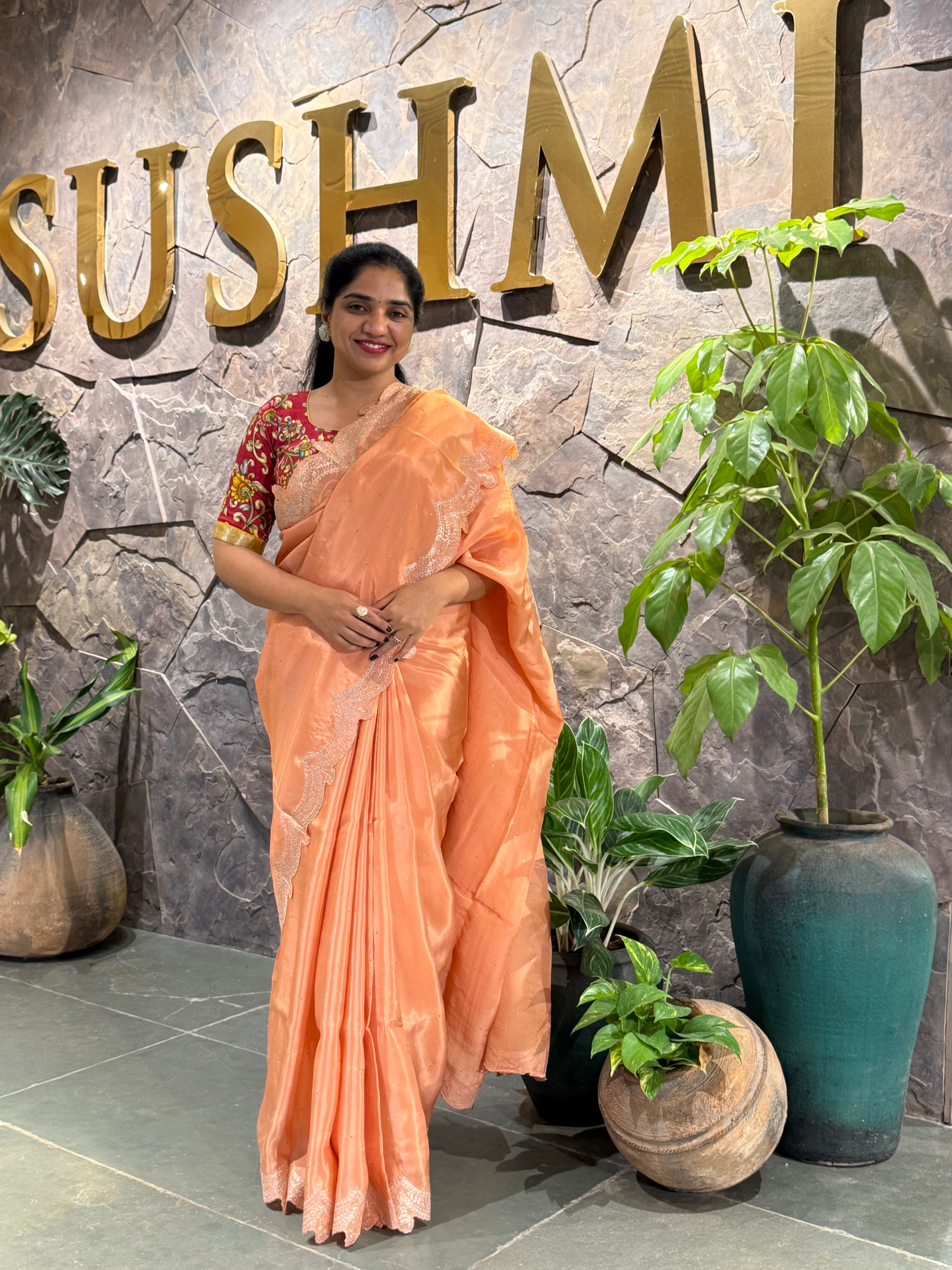 Peach Crepe Silk Saree With Pita Work Scallop Border & Pure Silk Printed Blouse