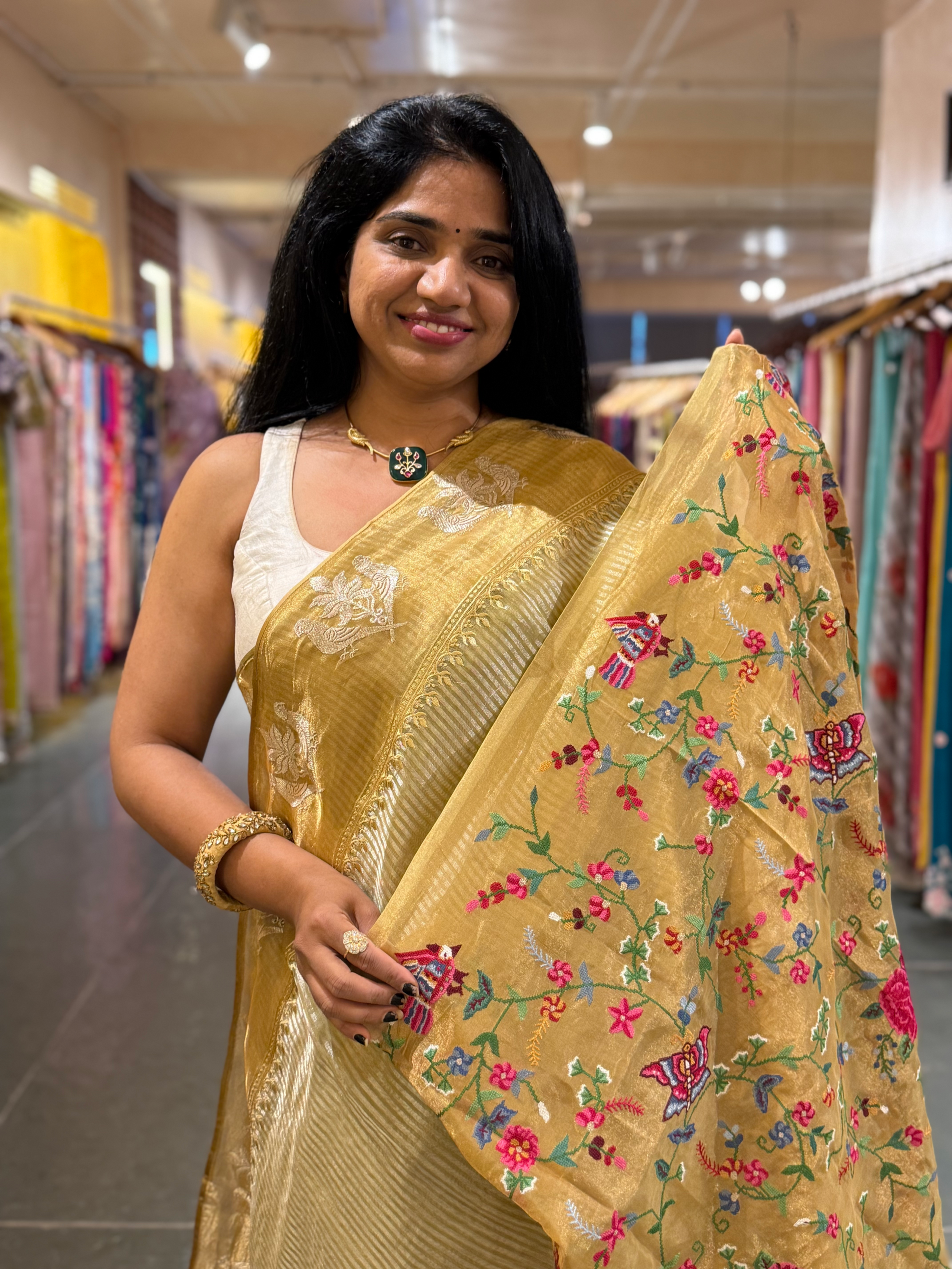 Lime Yellow Kora Tissue stripes saree wth tissue Embroidered Border