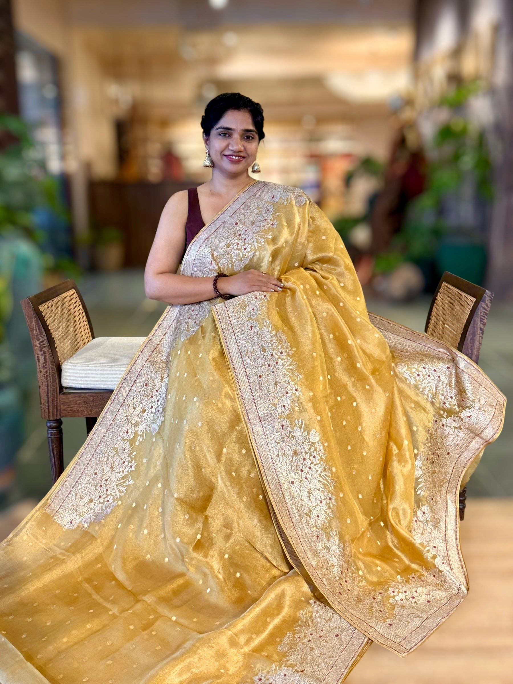 Yellow Banarasi Tissue Saree With Heavy Tissue Embriodered Border & Stripes BP