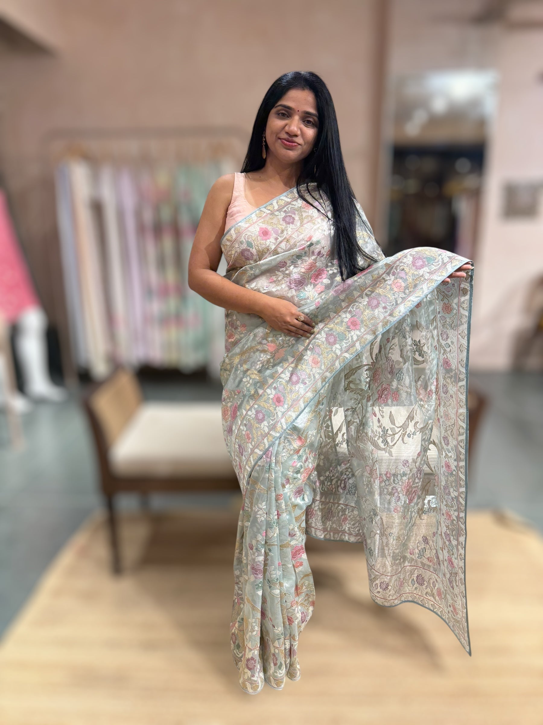 Powder Blue Pure Tissue With Jamdani Inspired Allover Embroidery