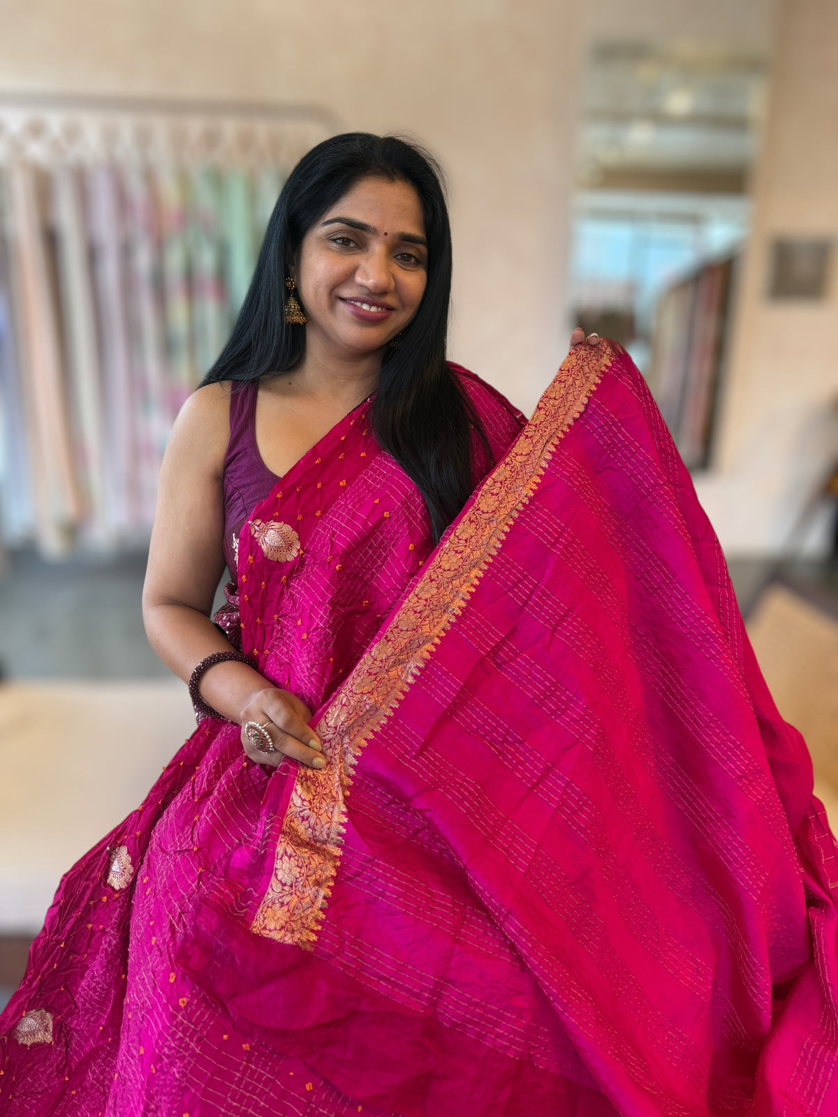 Rani Pink Banarasi Bandhej Silk Saree With Kaduwa Woven Open Mashru Borders