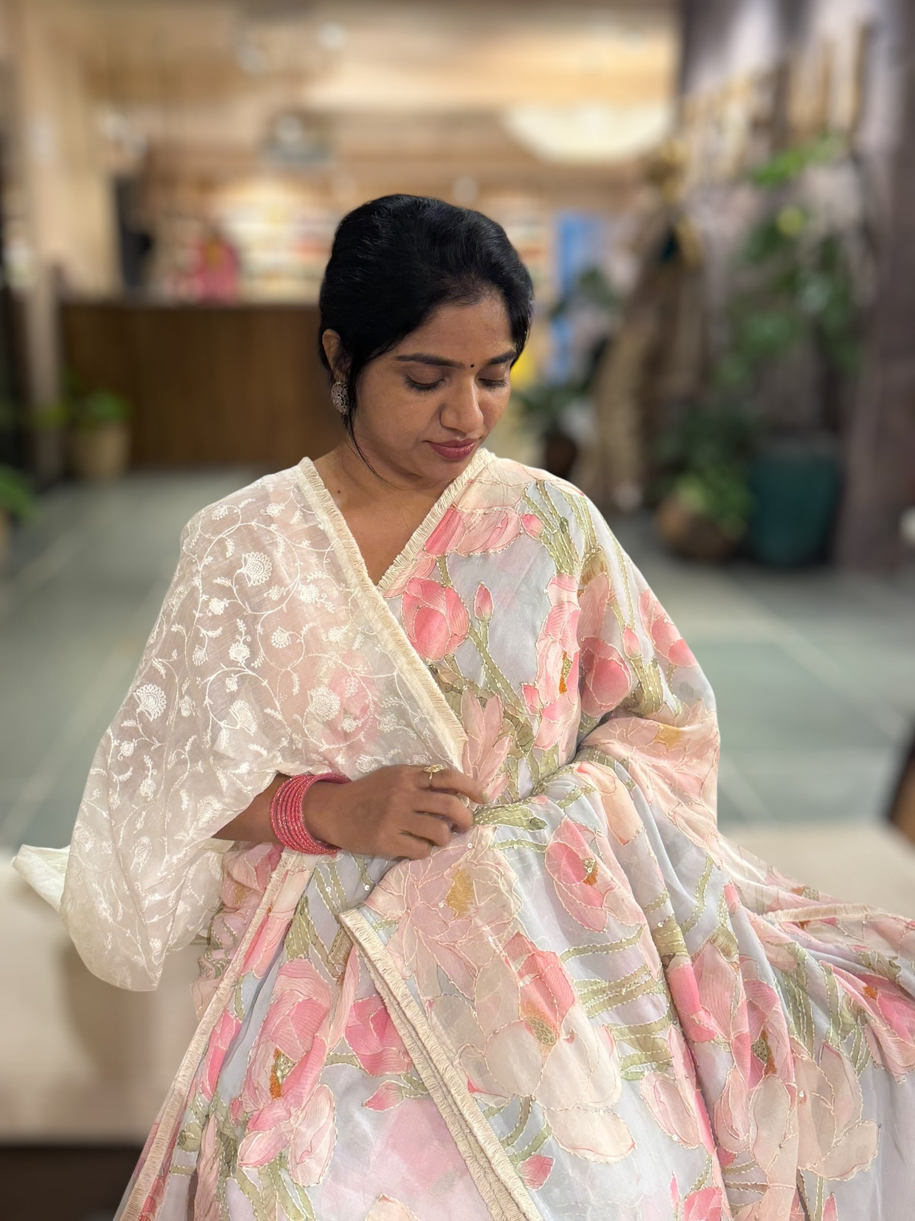 Pastel Blue Pure Gorgette Printed Saree With Allover Hand Done Katha work