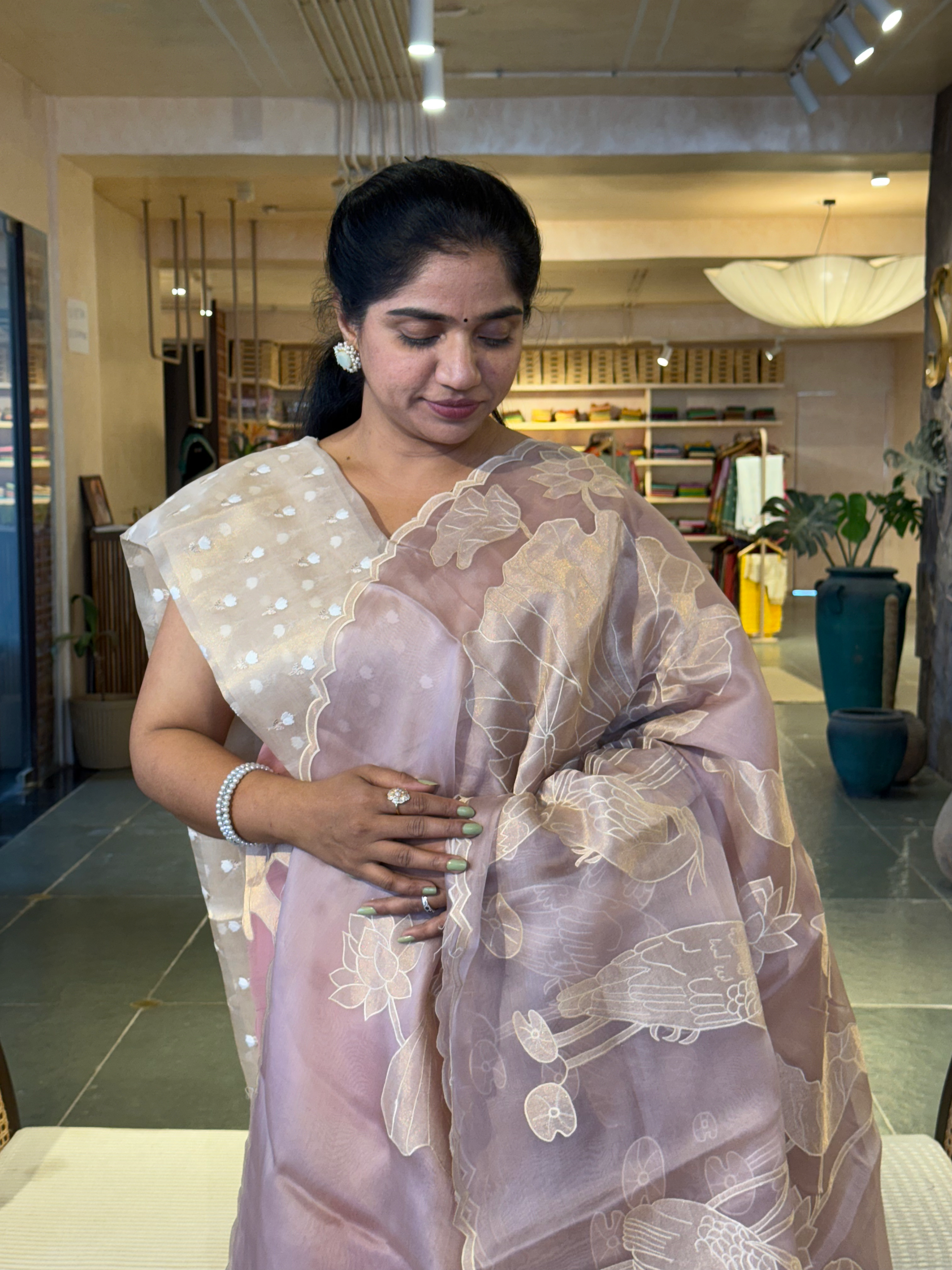 Mauve  Pure Organza Designer Saree with Allover Tissue Applique Embroidery