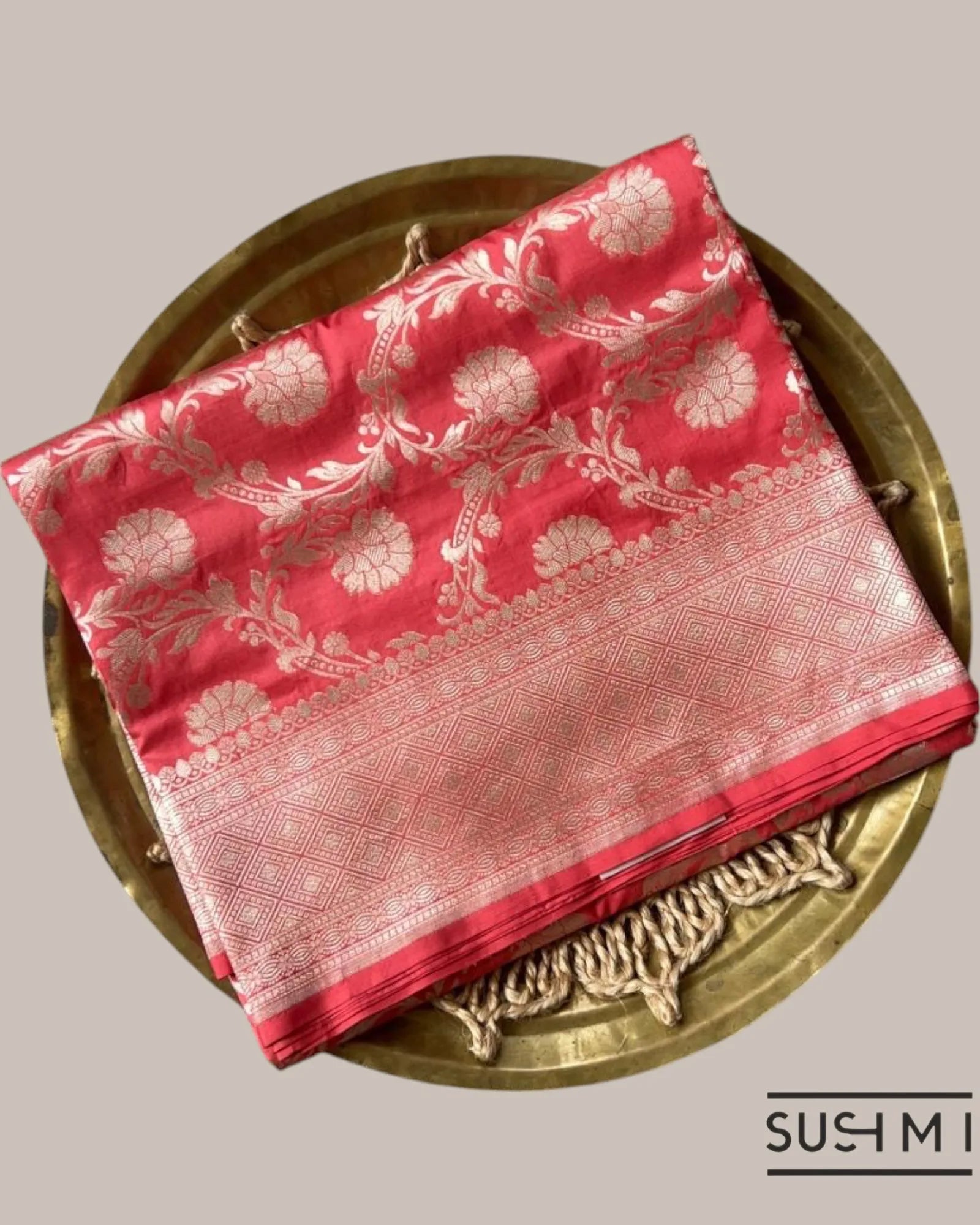 Kanakambaram Color Banarasi Katan Silk Saree with alliver  floral creeper jaal d