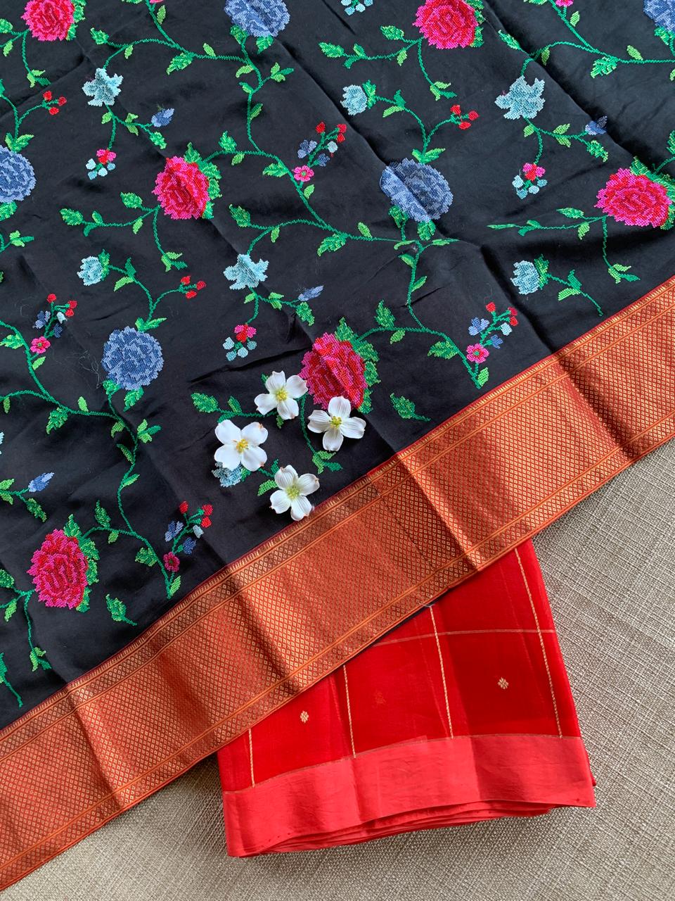 Red Handloom Banarasi Kora Checks Saree with allover Kaduwa Woven Zari Motifs .