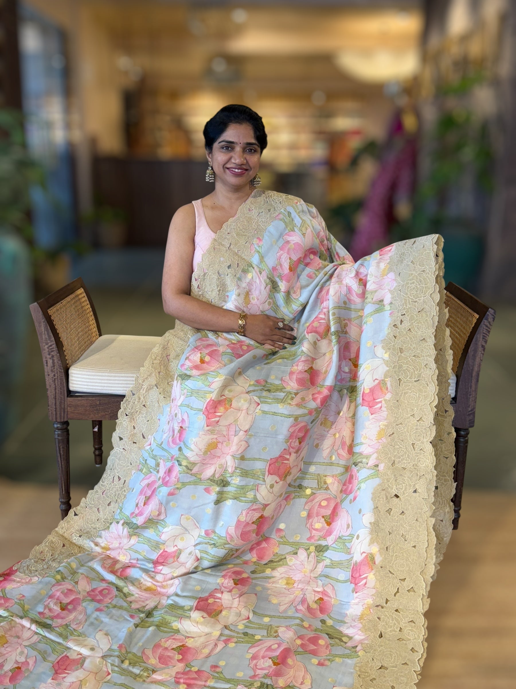 BabyBlue Banarasi Printed Tussar Khaddi Gorgette With Tissue cutwork Rose Border
