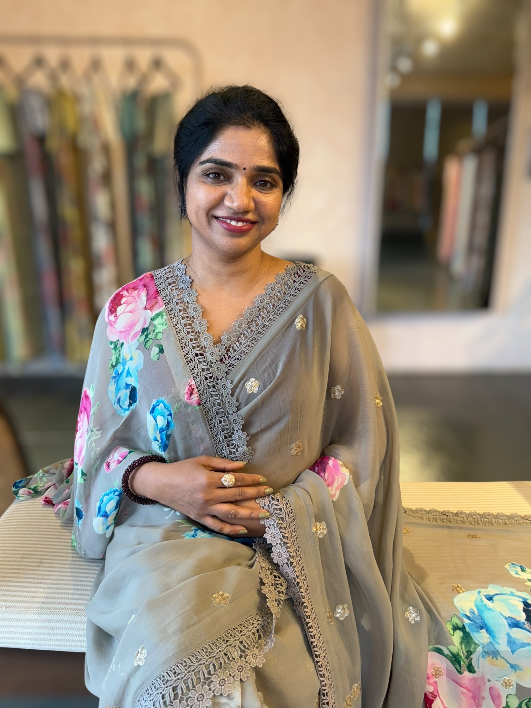 Olive Floral Gorgette Saree with Allover Sequence Floral