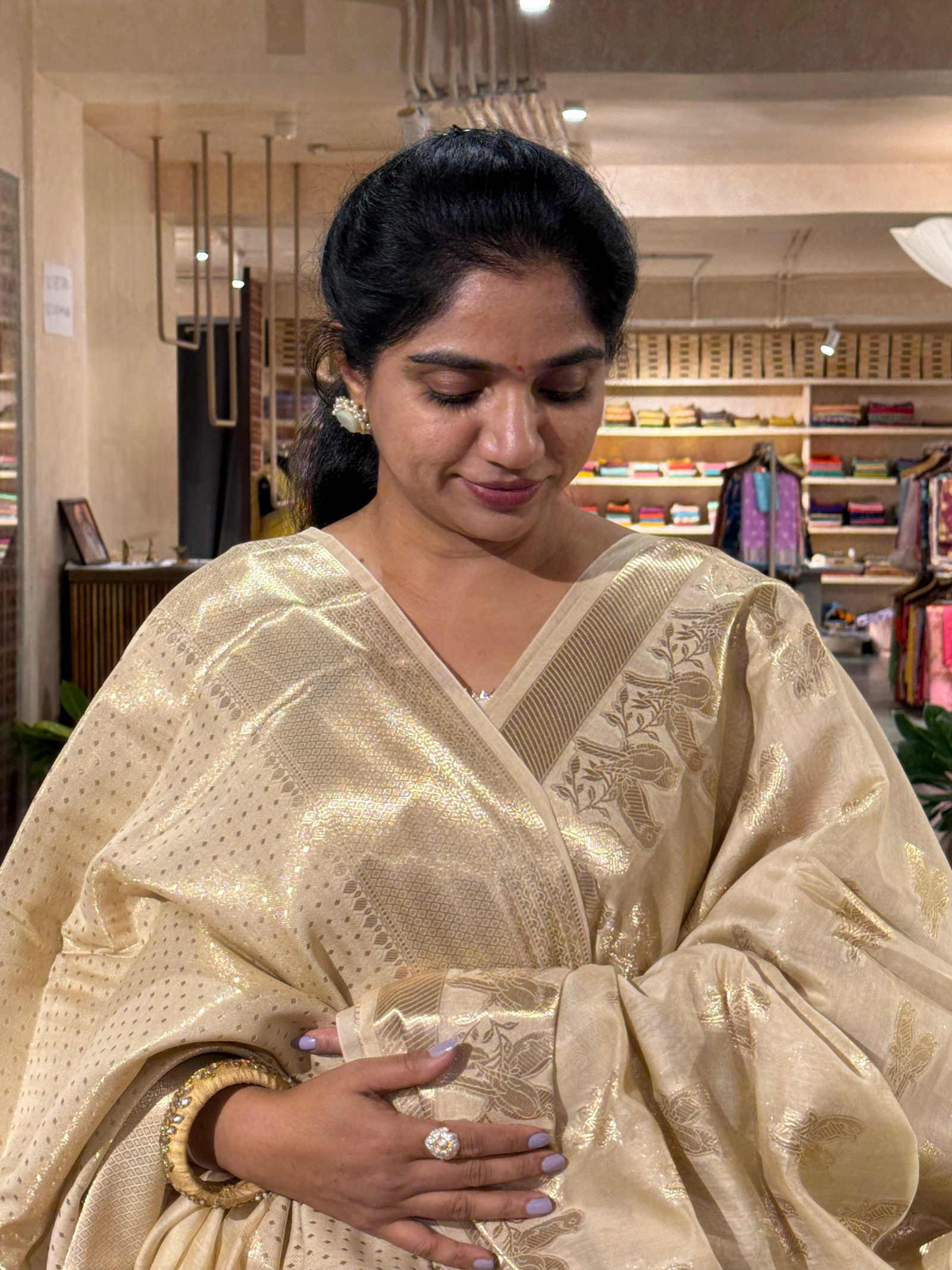 BMSA1407 Beige Banaras mul silk Cotton allover love birds weaving  Saree