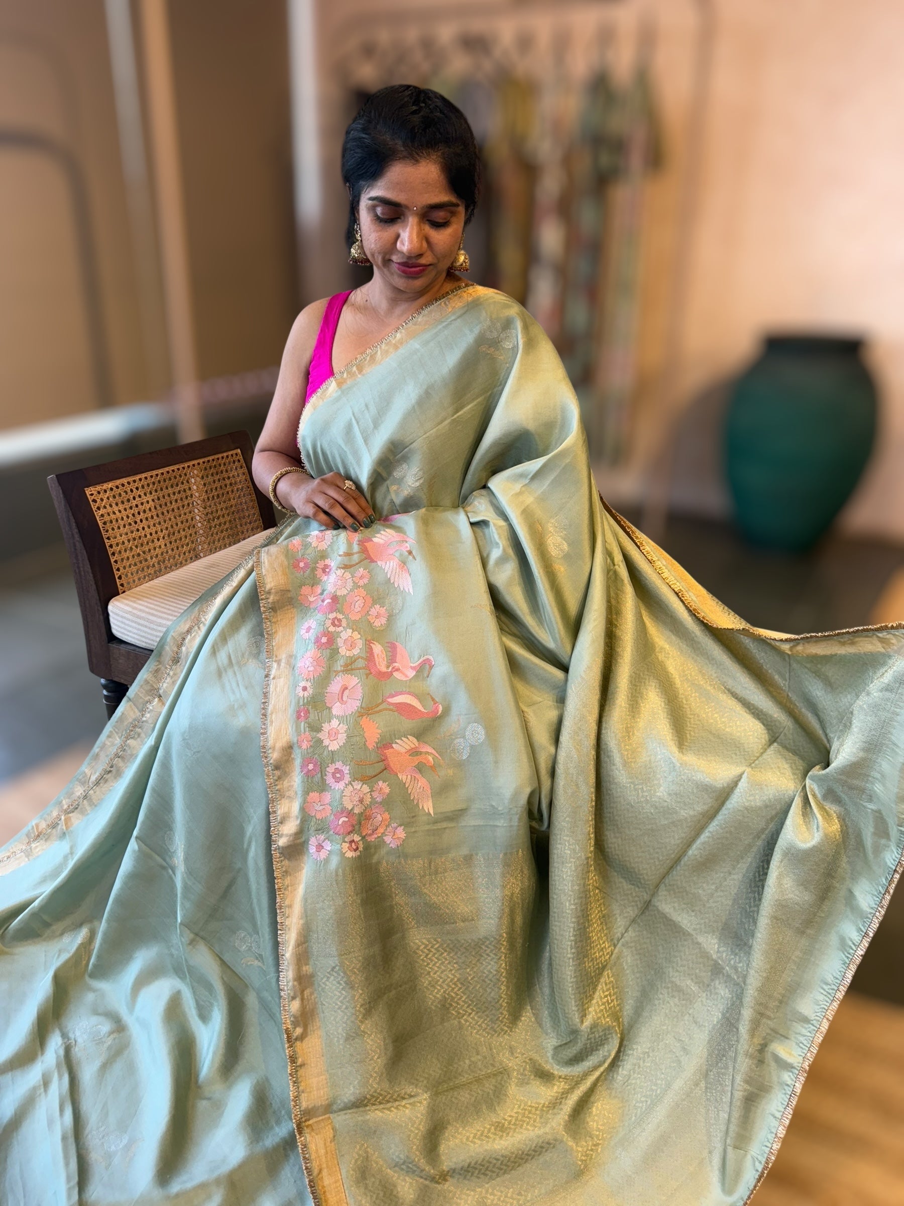 Mint Green Kanchi Silk Saree in  With Beautiful Parsi Gara  Embroidered Border