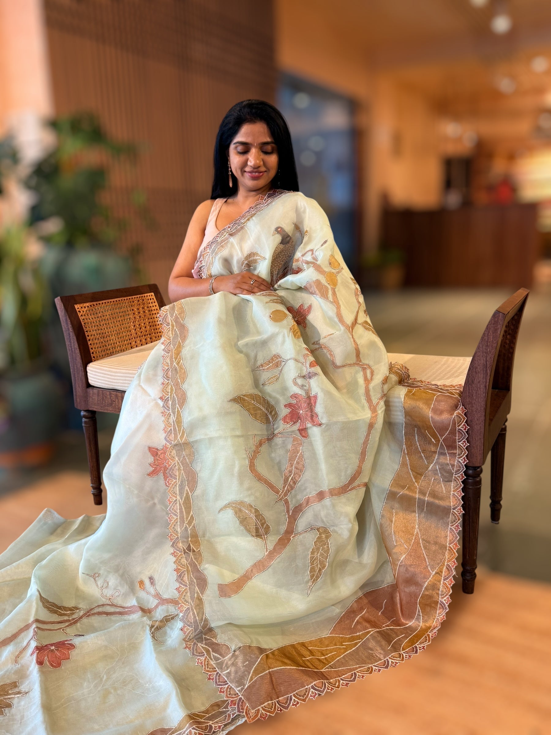 Mint Pure Organza Saree with one of a kind Tissue Applique work allover