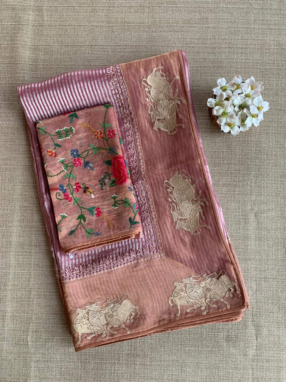 Onion Pink Tissue Stripes Saree with Nandi Border & Tissue Petite Point Blouse