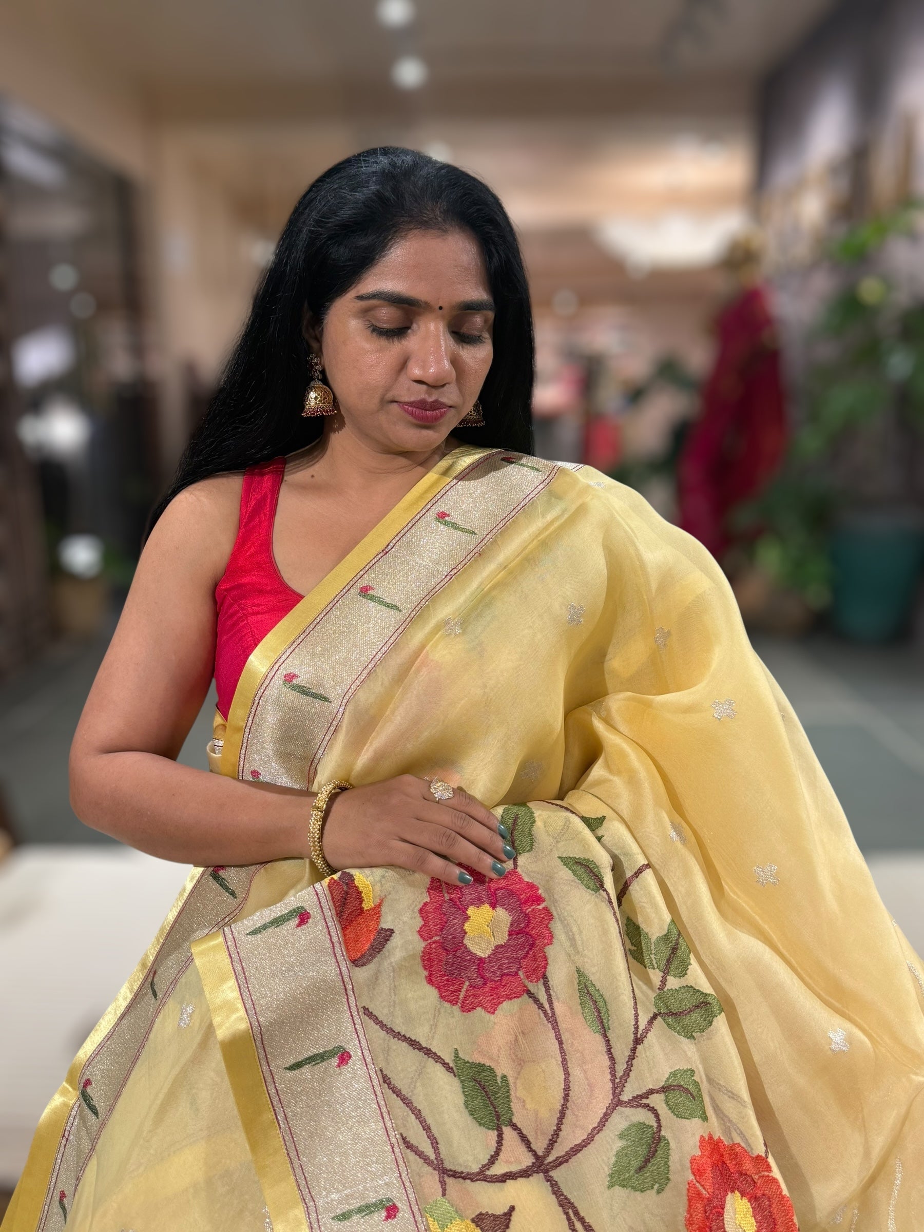 Pastel Yellow Organza Silk Saree With Jamdani Inspired Embroidery