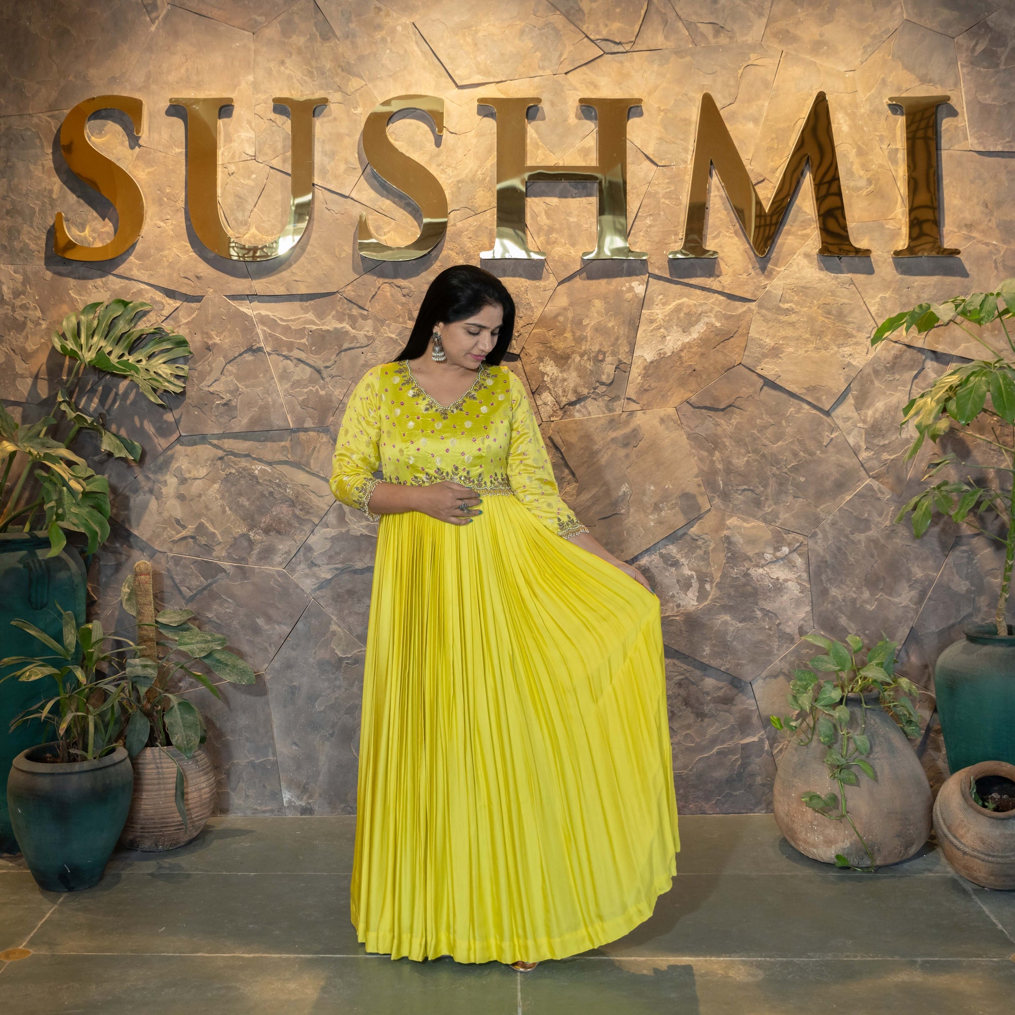 Pure Modal Satin long frock with Bandhini silk handwork yoke