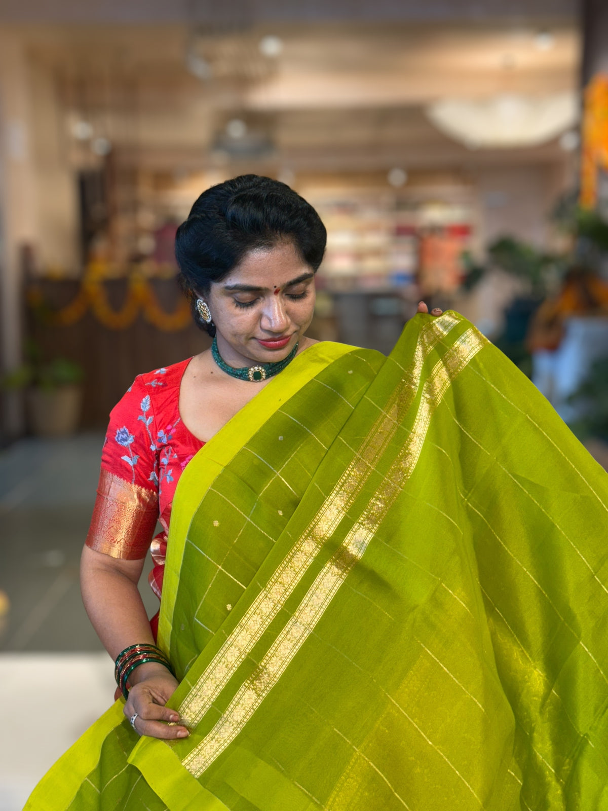 Parrot Green Handloom Banarasi Kora Checks Saree with Kaduwa Woven Zari Motifs .