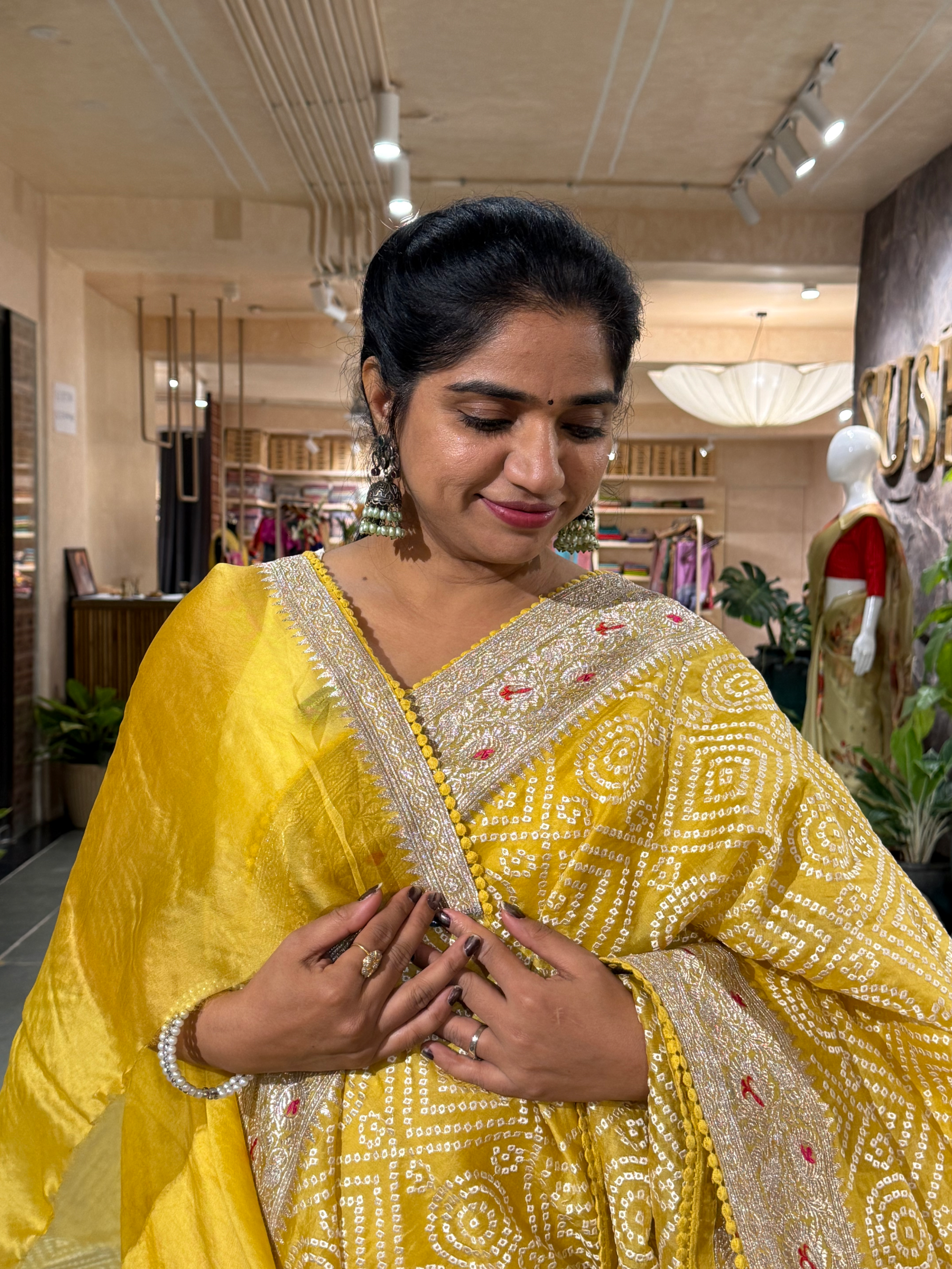 SOBBM179: Yellow Organza Banarasi with Bandhini Look Allover Embroidery