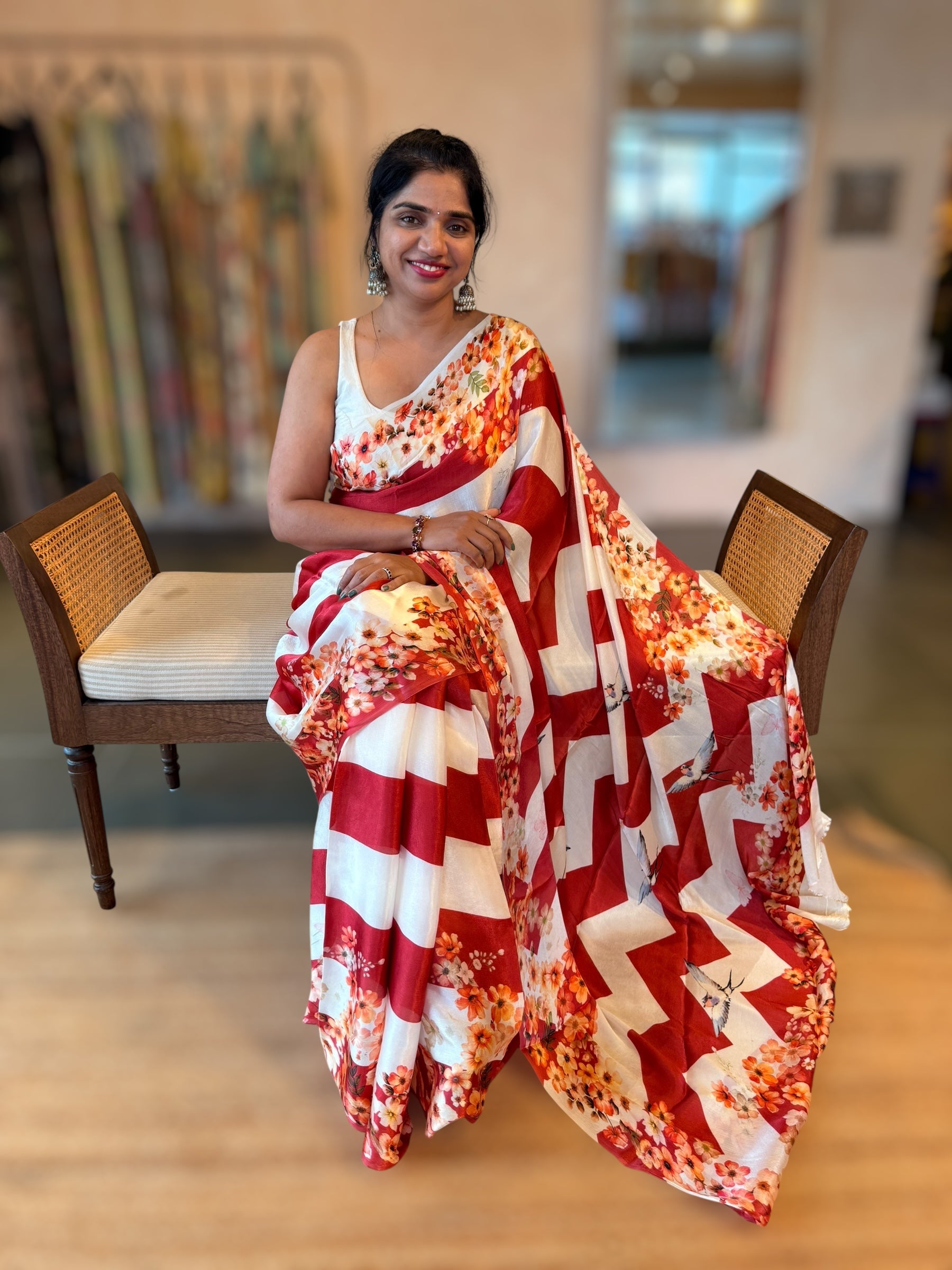 Trisha inspired Chinnon Silk Stripes & Floral Printed Saree