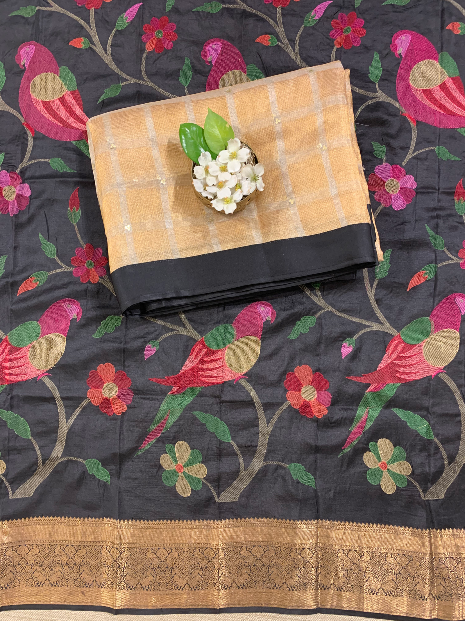 Gold tissue saree with kanchi  blouse with  allover pythani style embroidery
