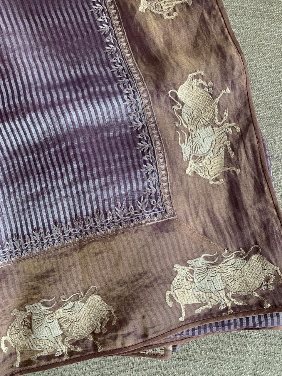 Mauve Tissue Stripes Saree with Nandi Border & Tissue Petite Point Blouse