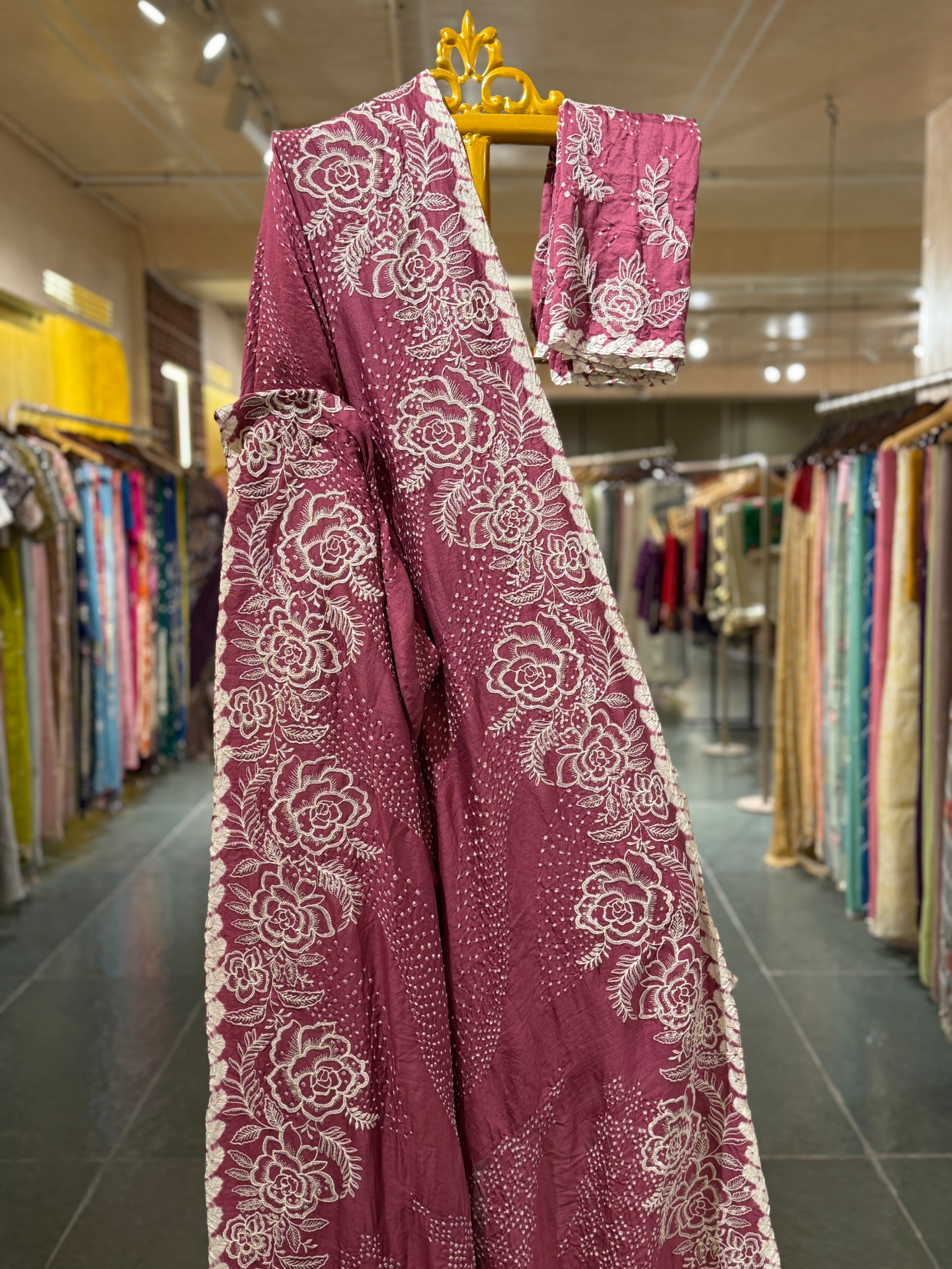 Dark Onion Pink Pure Gajji Silk Rai Bandhej Saree with Outline Embroidery