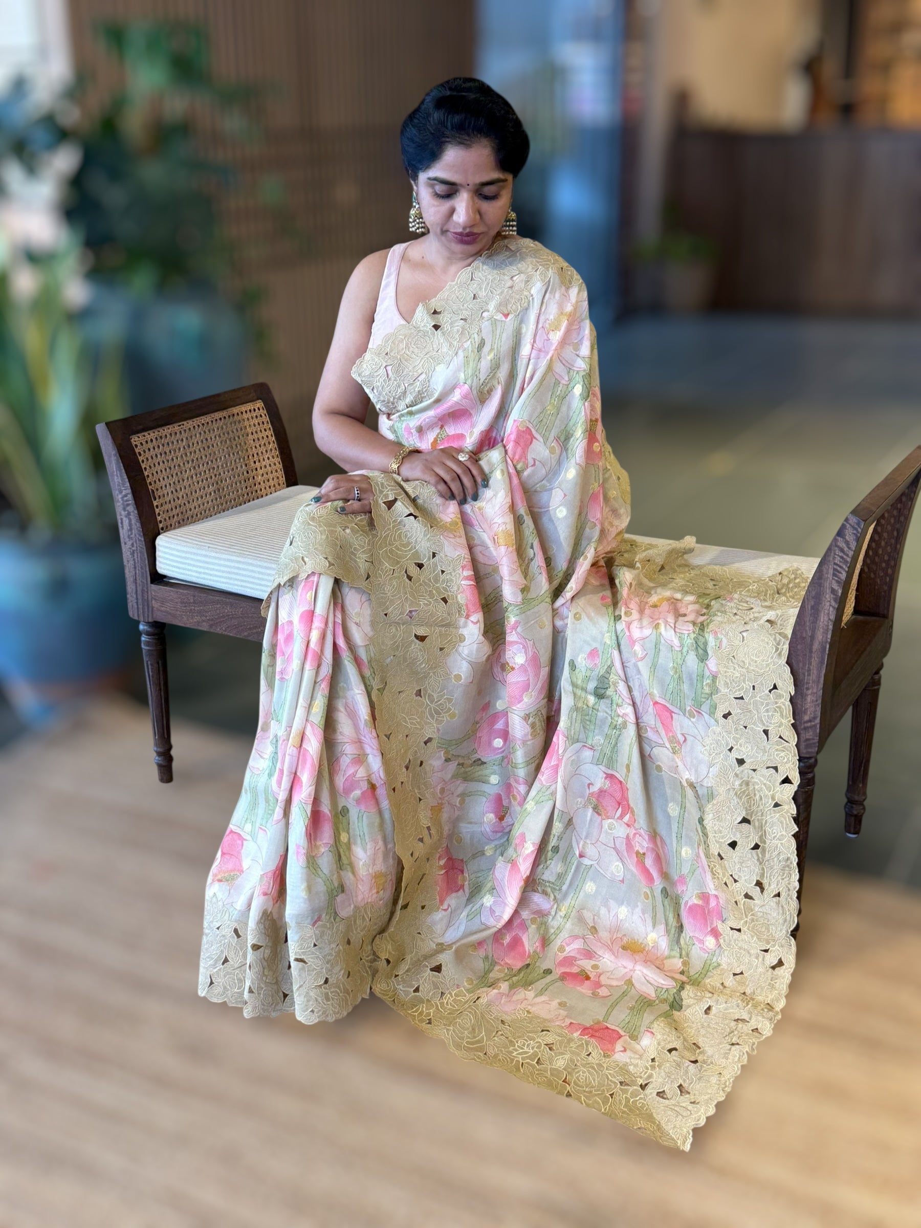 DustyTone Banarasi Printed Tussar Khaddi Gorgette Wth Tissue cutwork Rose Border