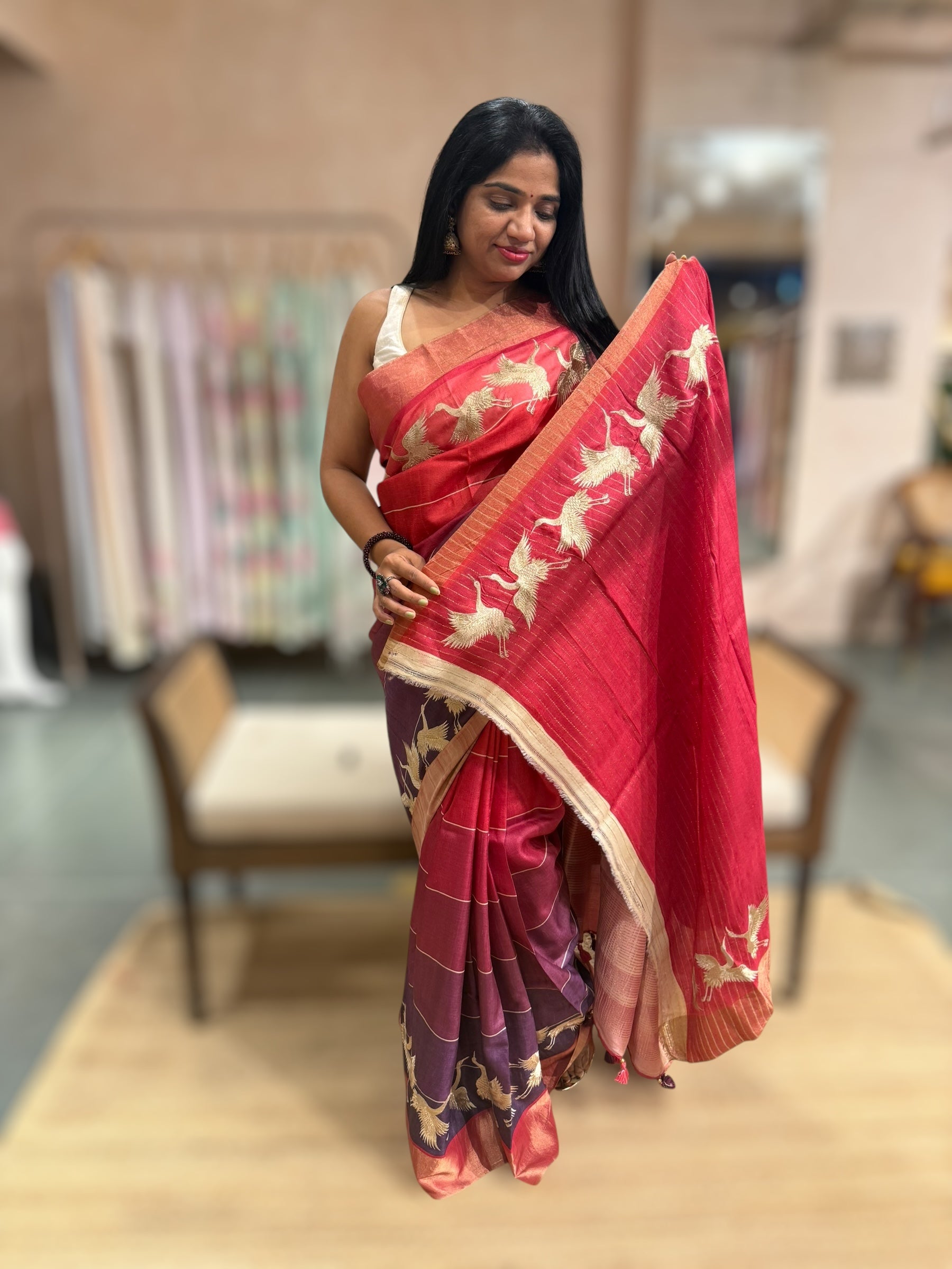 Tussar Rangkaat Saree With Crane Bird  Embroidered Border