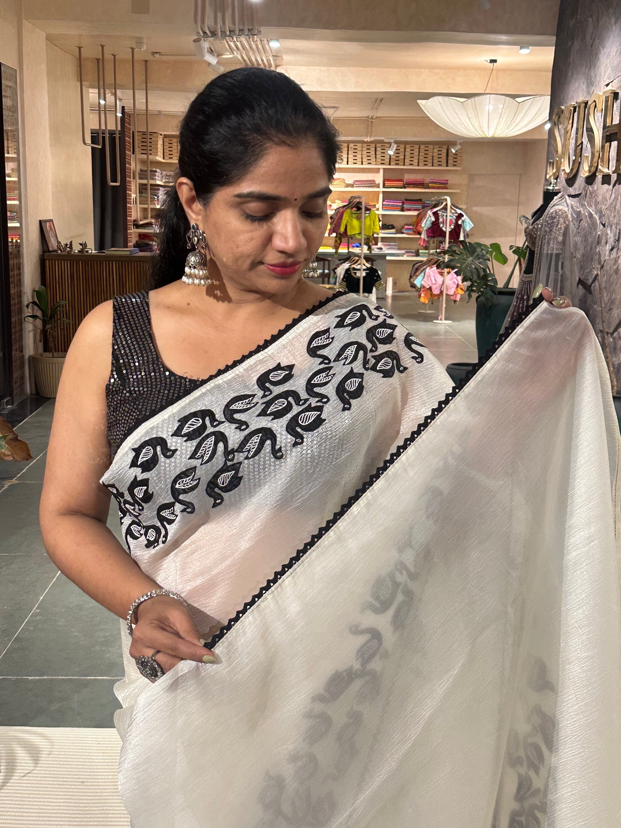 Half white Crush Organza Saree with Ducks applique work and embroidery