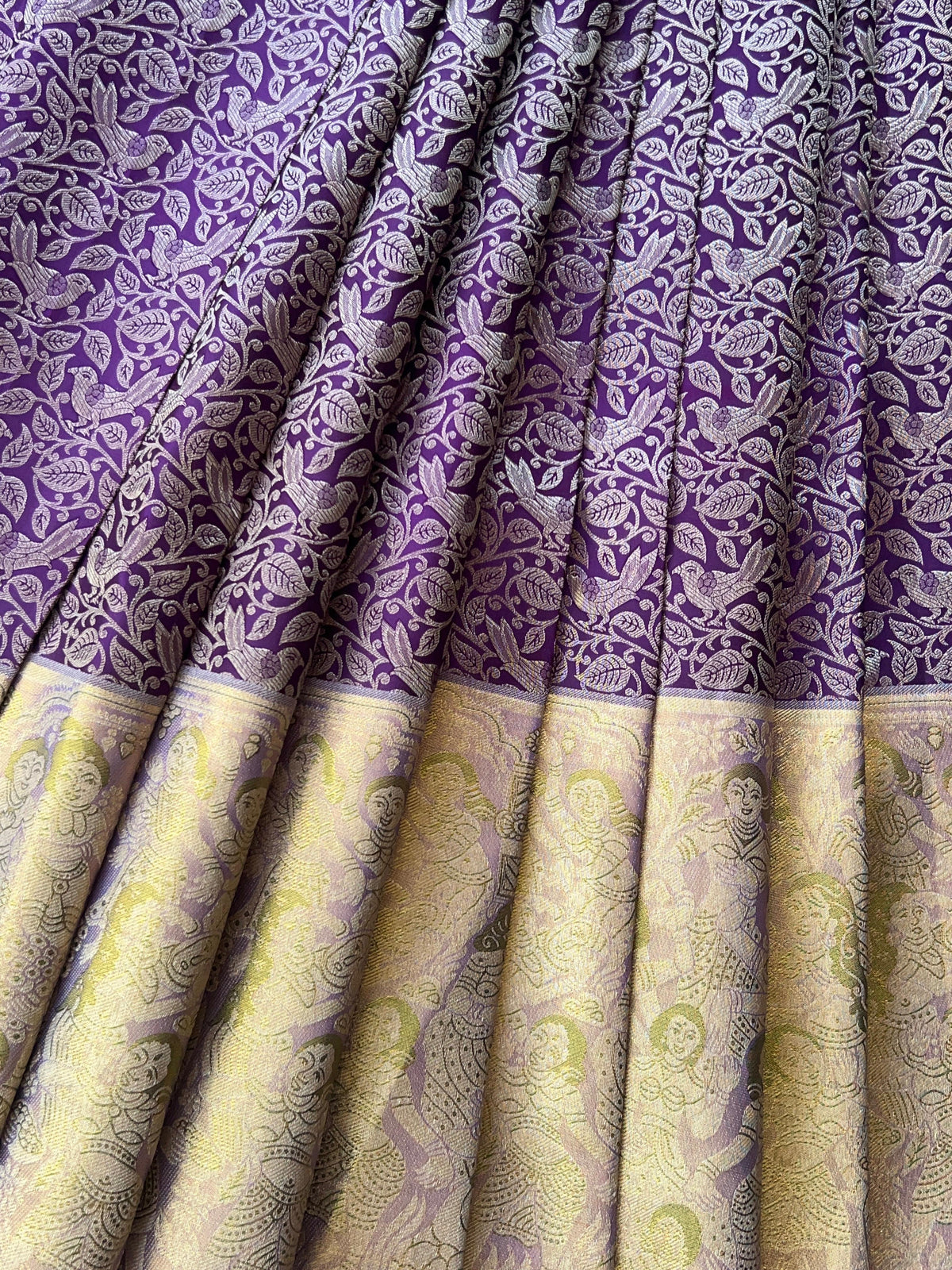 Royal Lavender Pure Kanchi Pattu Saree with Antique Gold Zari & Bird Vine Motif