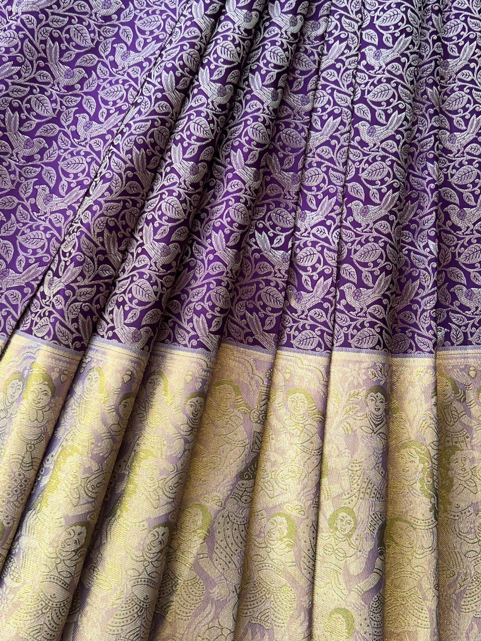 Royal Lavender Pure Kanchi Pattu Saree with Antique Gold Zari & Bird Vine Motif
