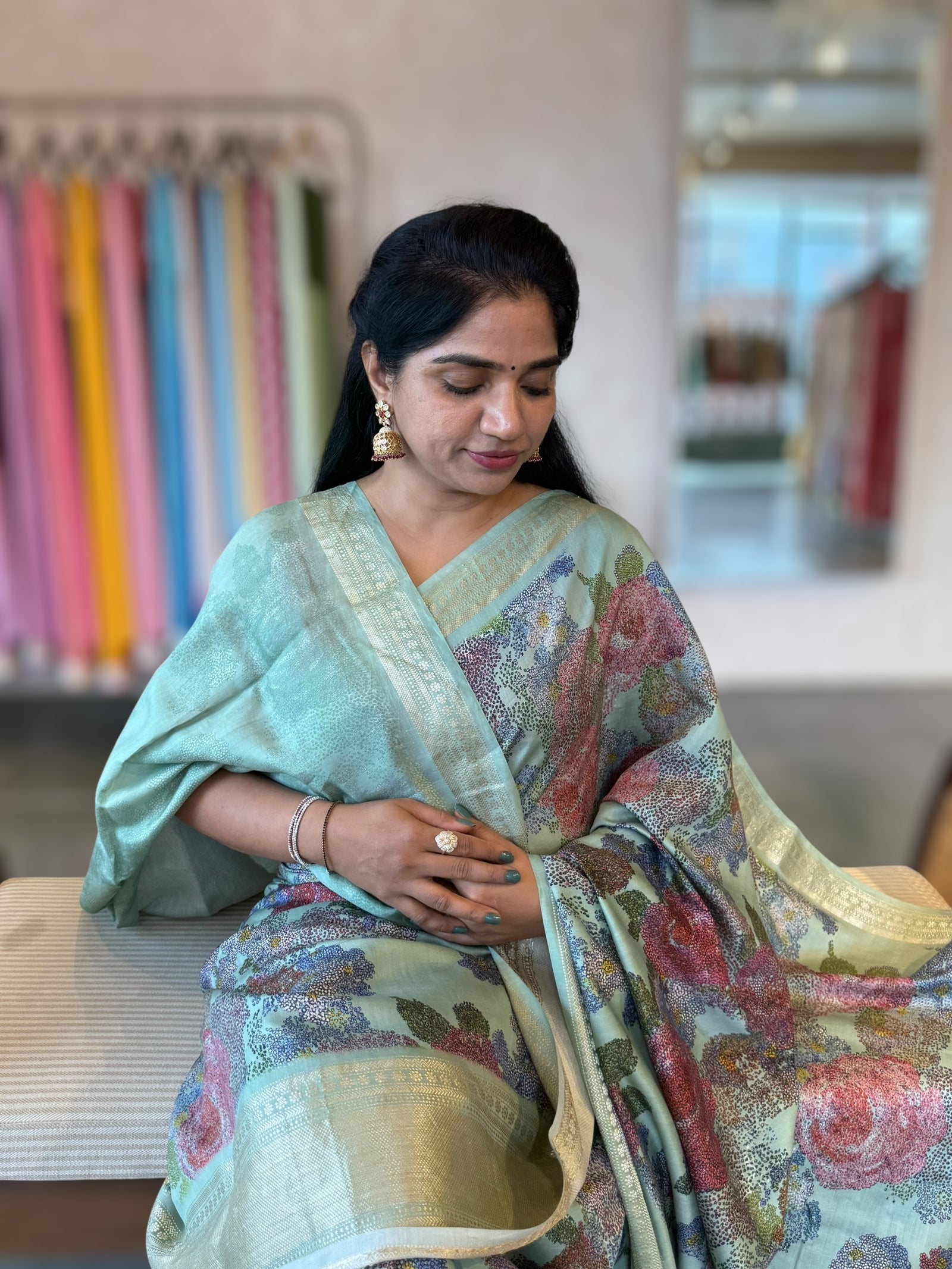 Pista Chiniya Silk Saree With Petite Point  Emb Style Print