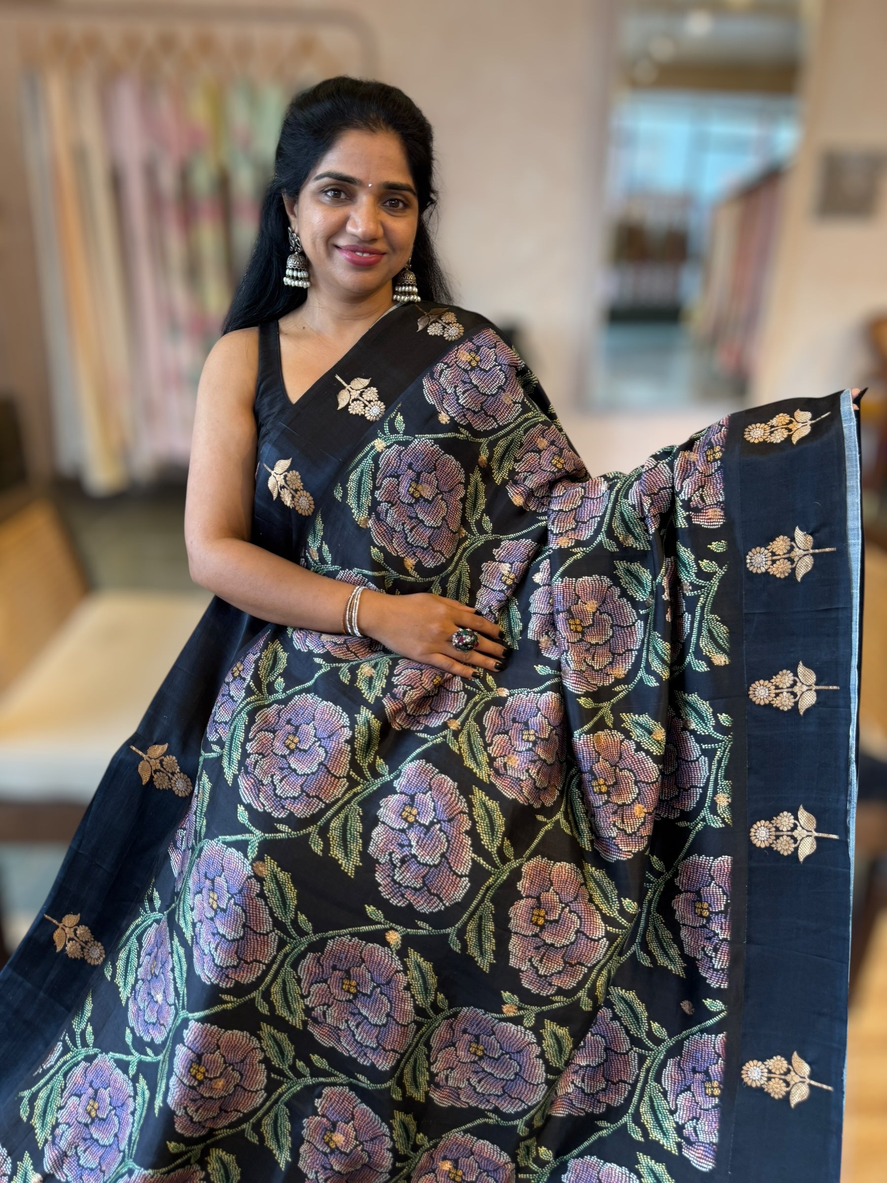 Banarasi Soft Silk m Saree With Cross Stitch Style 3D Floral  Print Allover