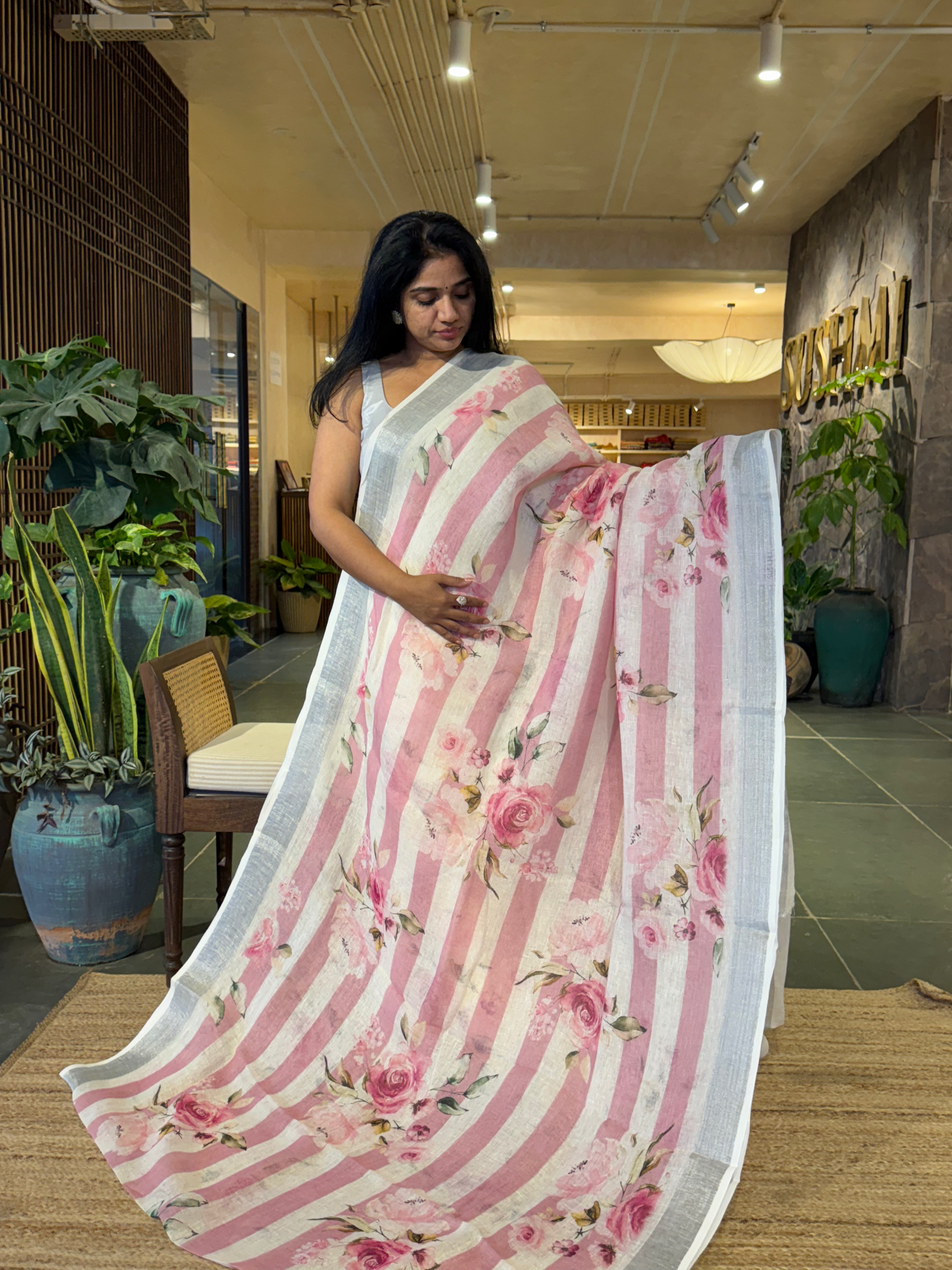BlushPink & White Pure Handloom Lenin Striped Saree With Statement Floral Print