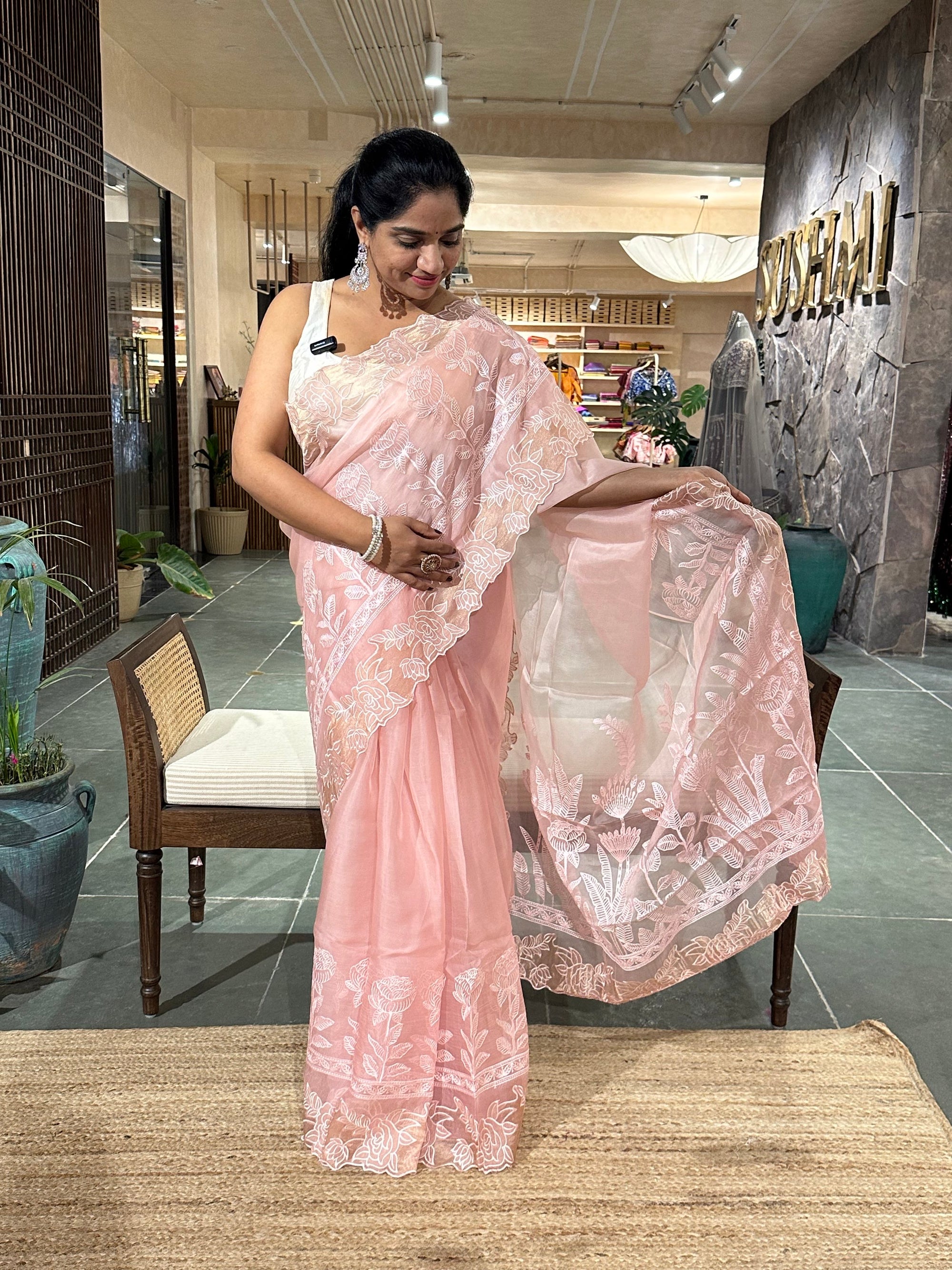 Blush Pink Pure Organza heavy  cutwork embroidered border saree