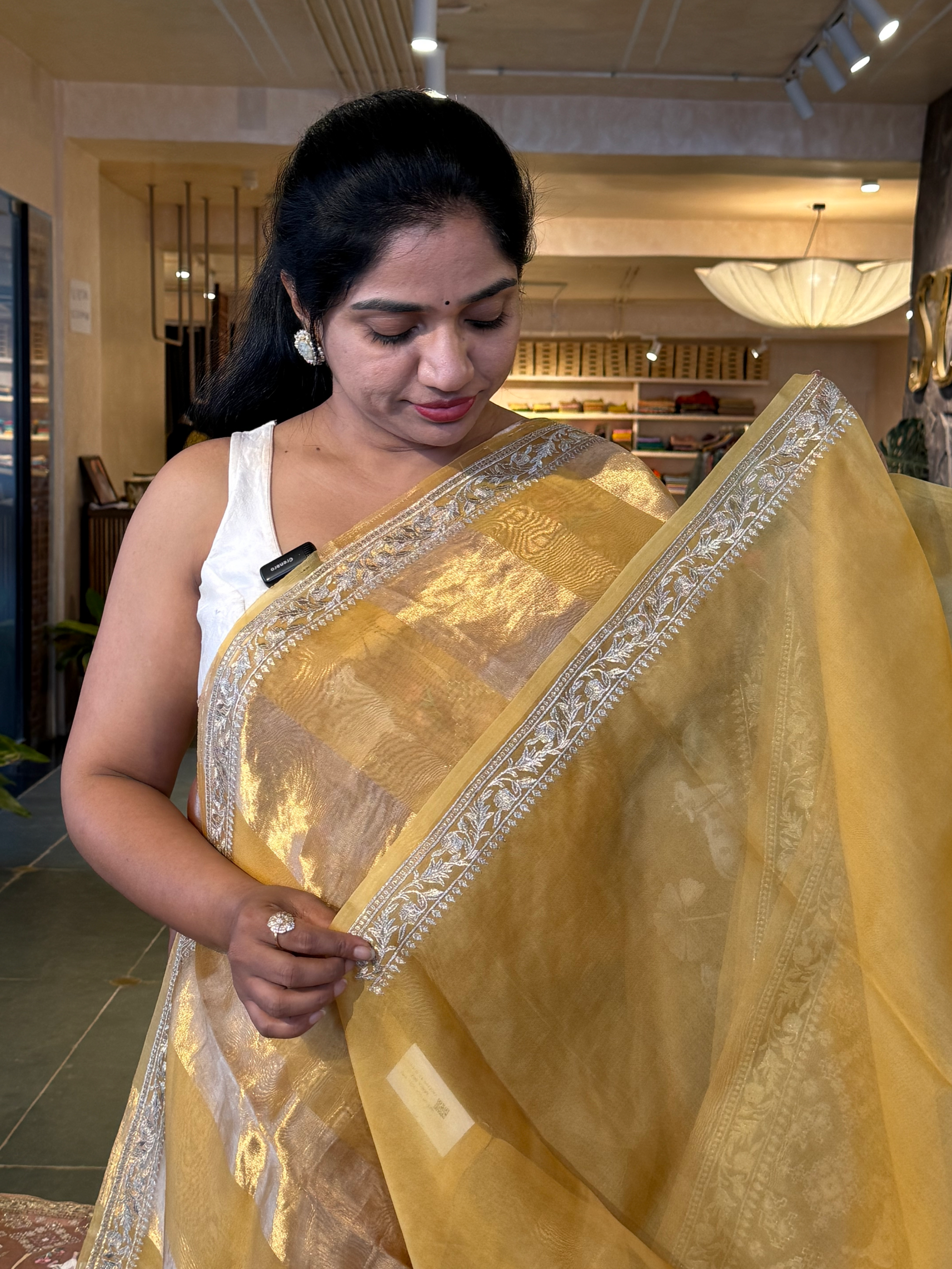 Mustard Kora Tissue Stripes with Pichwai & Jamdani Inspired Embroidery