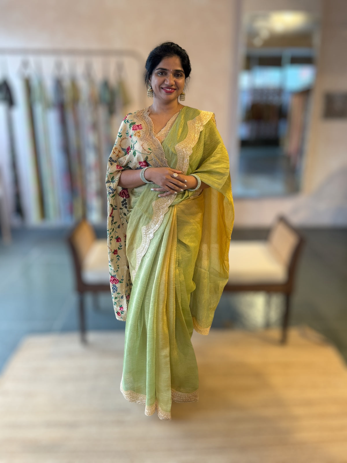 Ombre Dyed Crush Tissue Saree With Pitawork Border &amp; Petite Point Embroidered BP