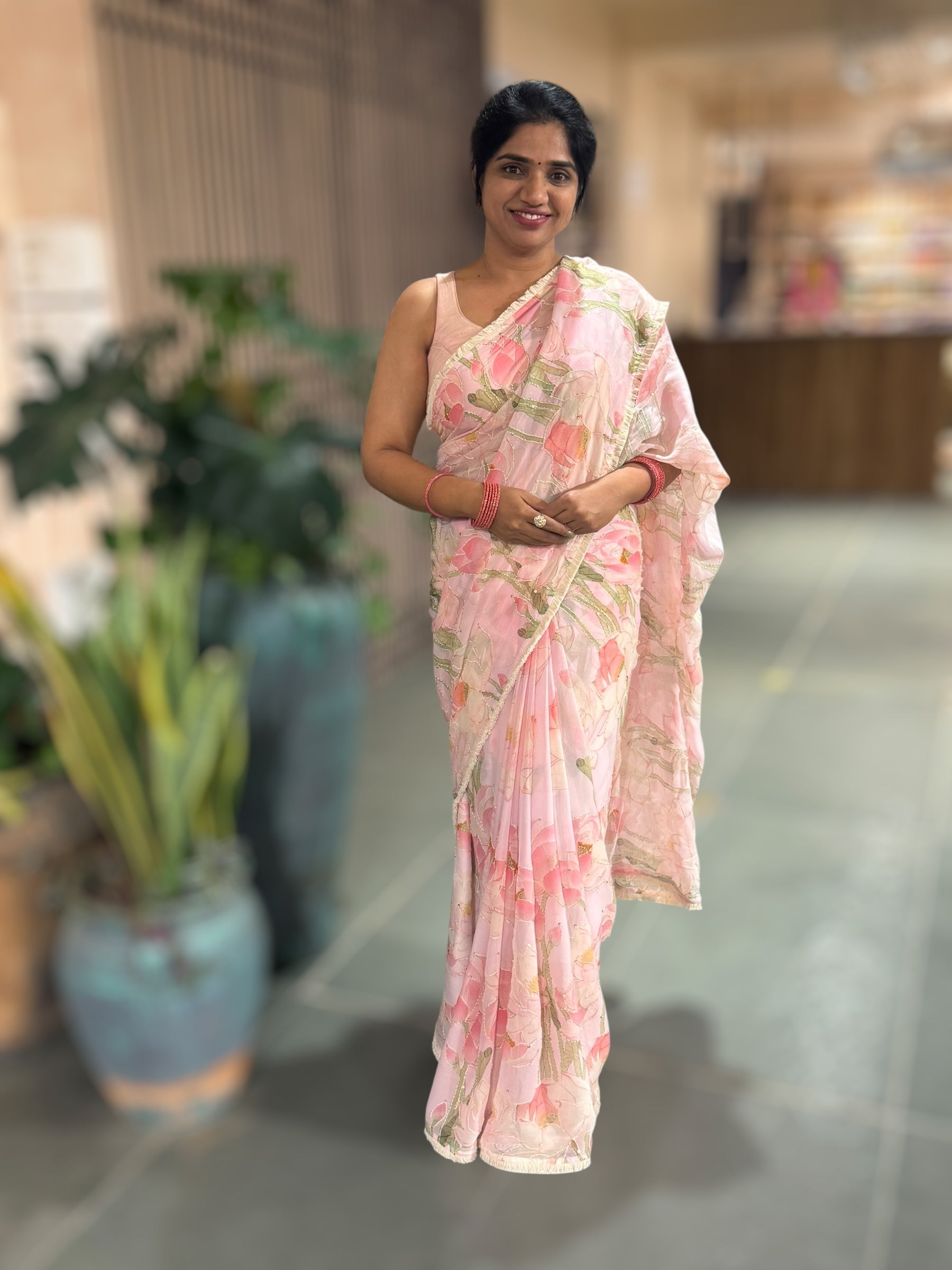 Pastel Pink Pure Gorgette Printed Saree With Allover Hand Done Katha work