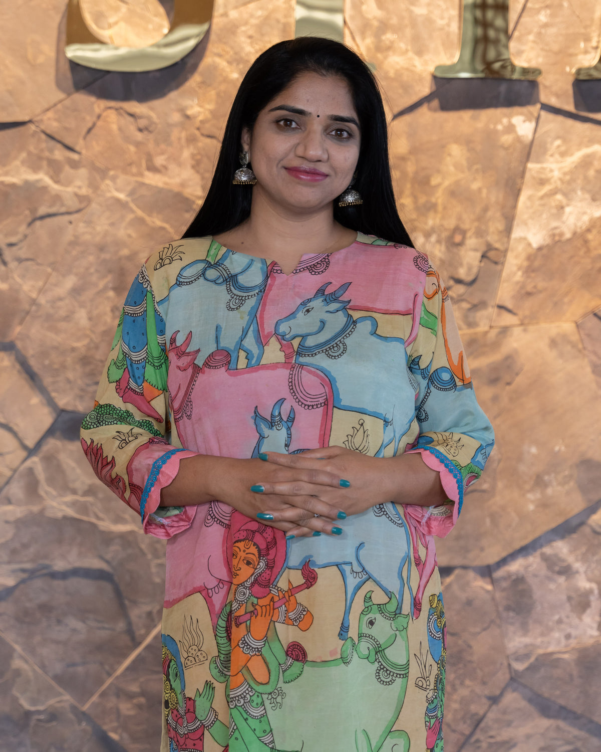 Nandi and Krishna concept Pen Kalamkari Silk Coordset