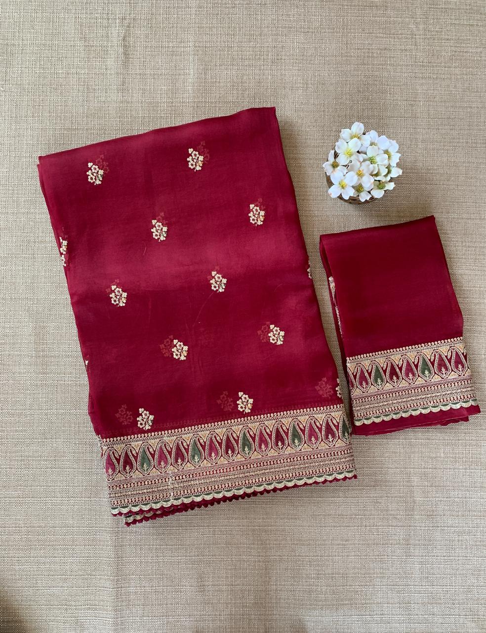 Luxe Brgundy Organza Saree with Sabyasachi-Inspired Border & Blouse