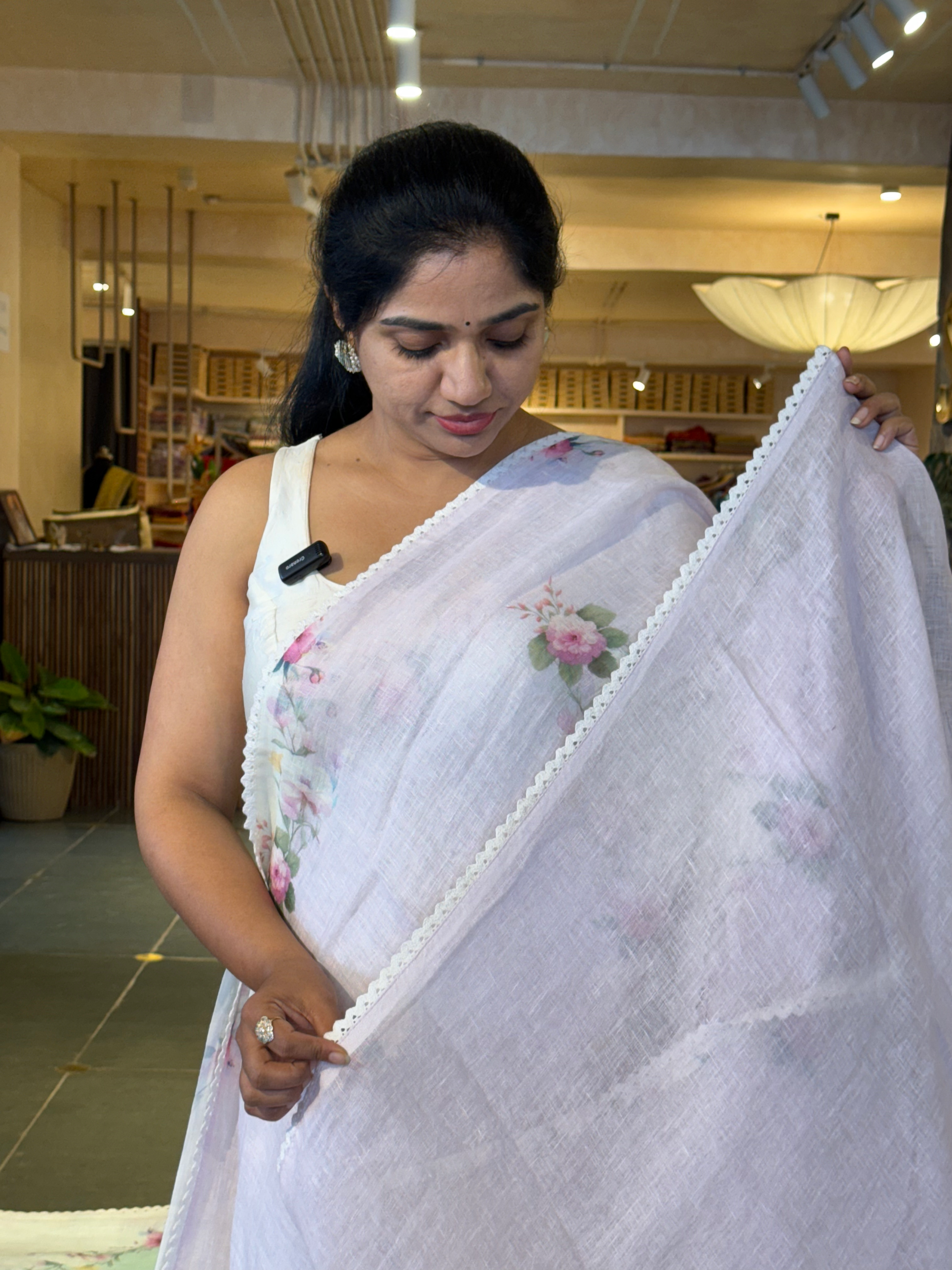 Lilac Pure Handloom Linen Printed Saree in Lehariya Style