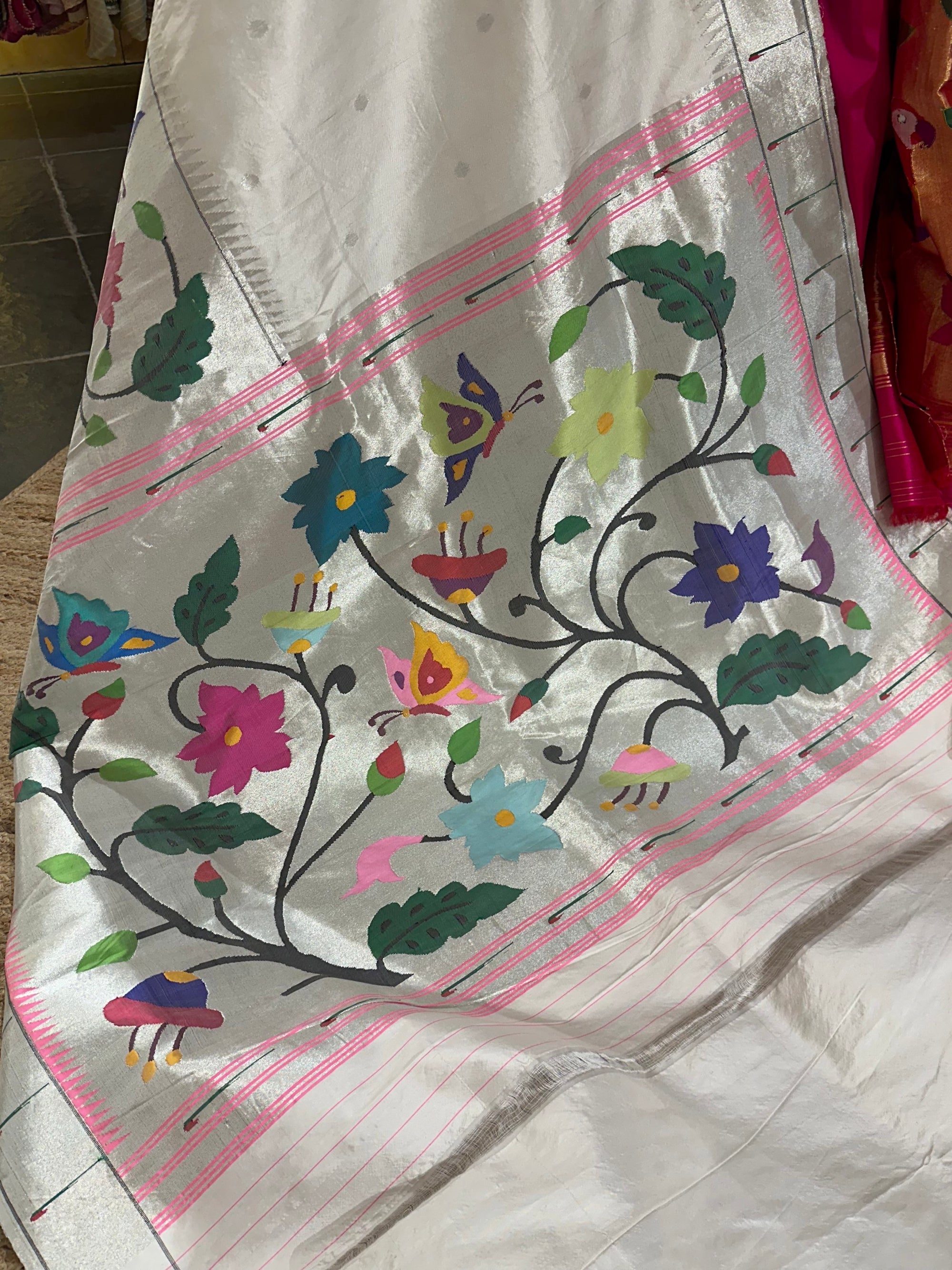 White Pure Handloom Half allover Paithani Saree