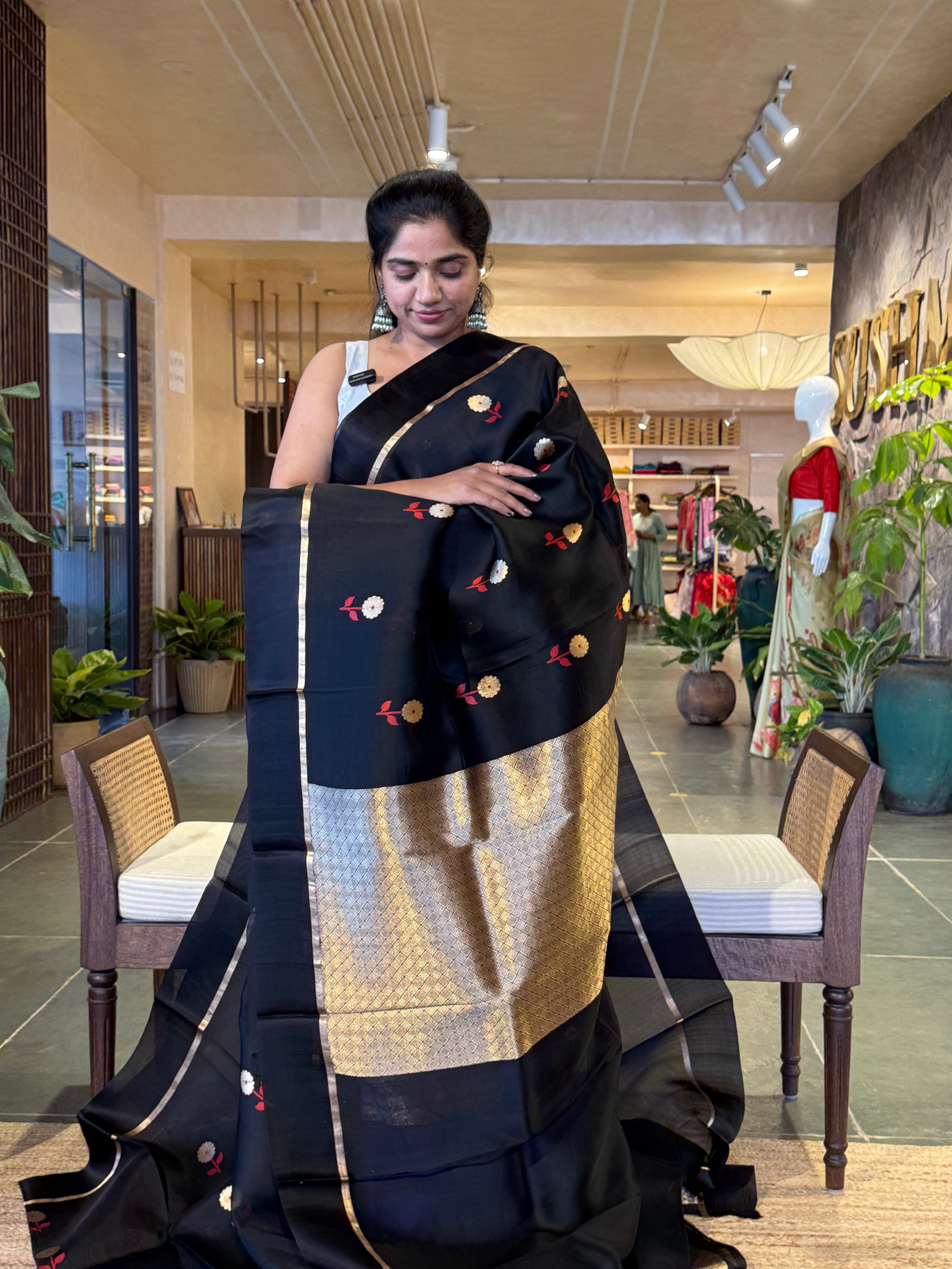 Black kora banarasi saree with meenakari sona roopa motifs