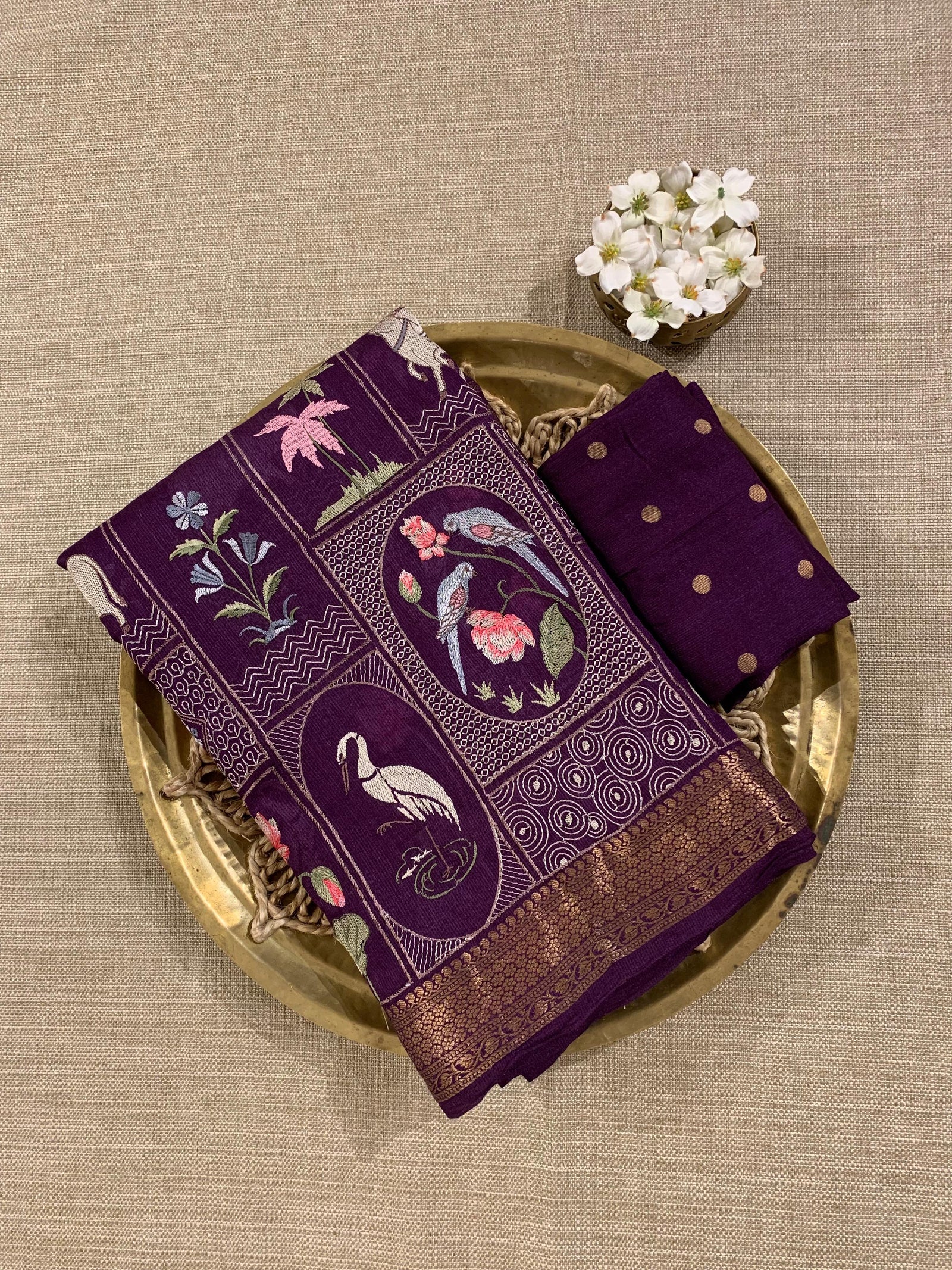 SMSEA111 Wine Pure Handloom Munga Silk Saree with Pichwai Embroidery