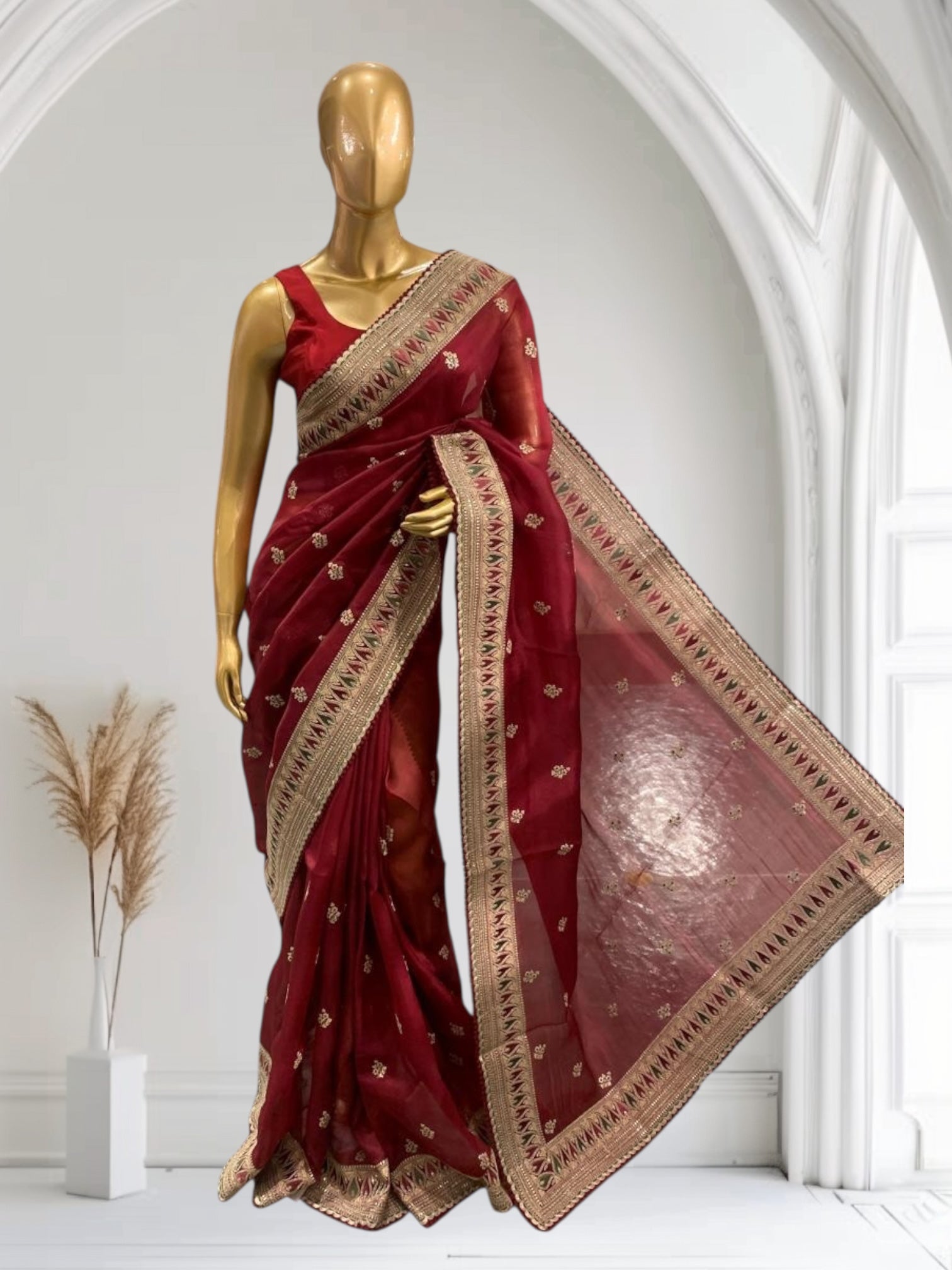 Luxe Brgundy Organza Saree with Sabyasachi-Inspired Border & Blouse