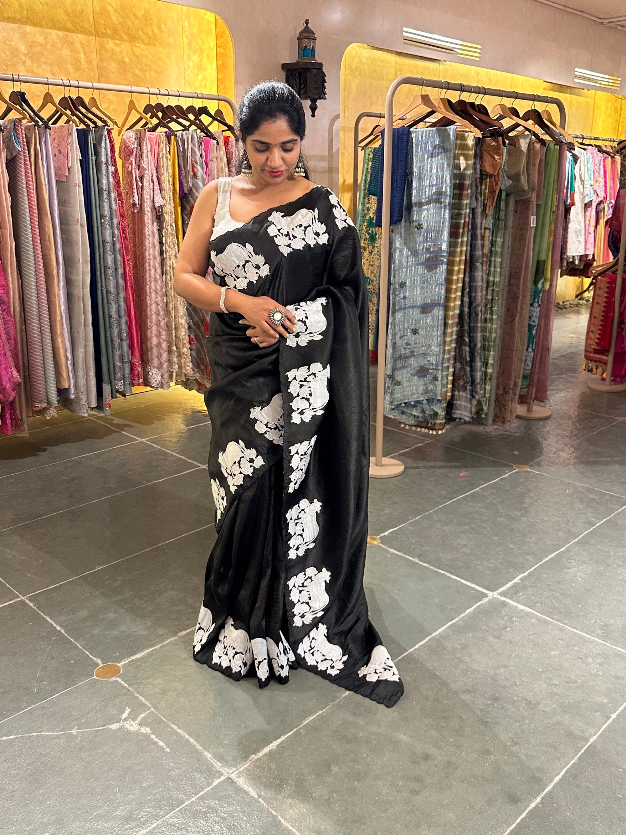 Black  Satin Organza Saree with a slight Crush With Pichwai Applique work motifs