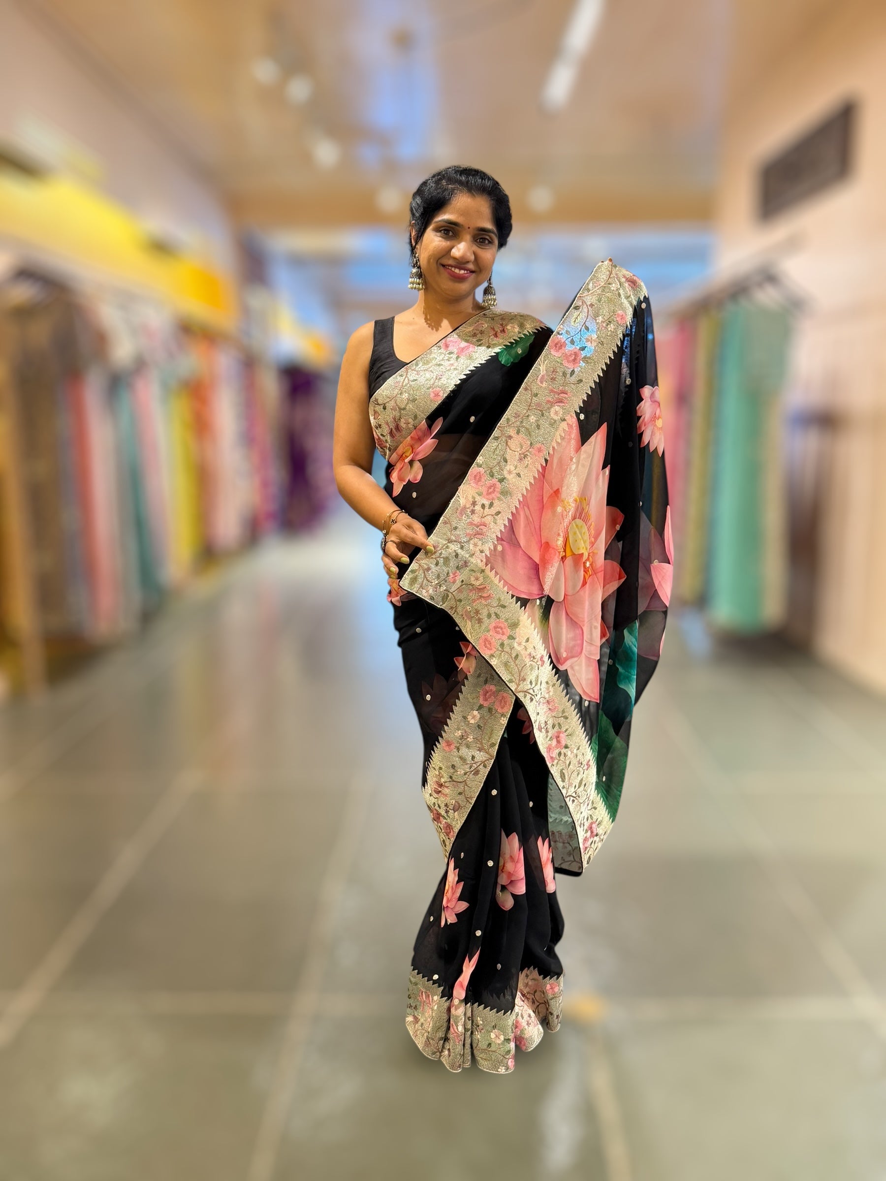 Black Printed Gorgette Saree With Tissue Embroider Border